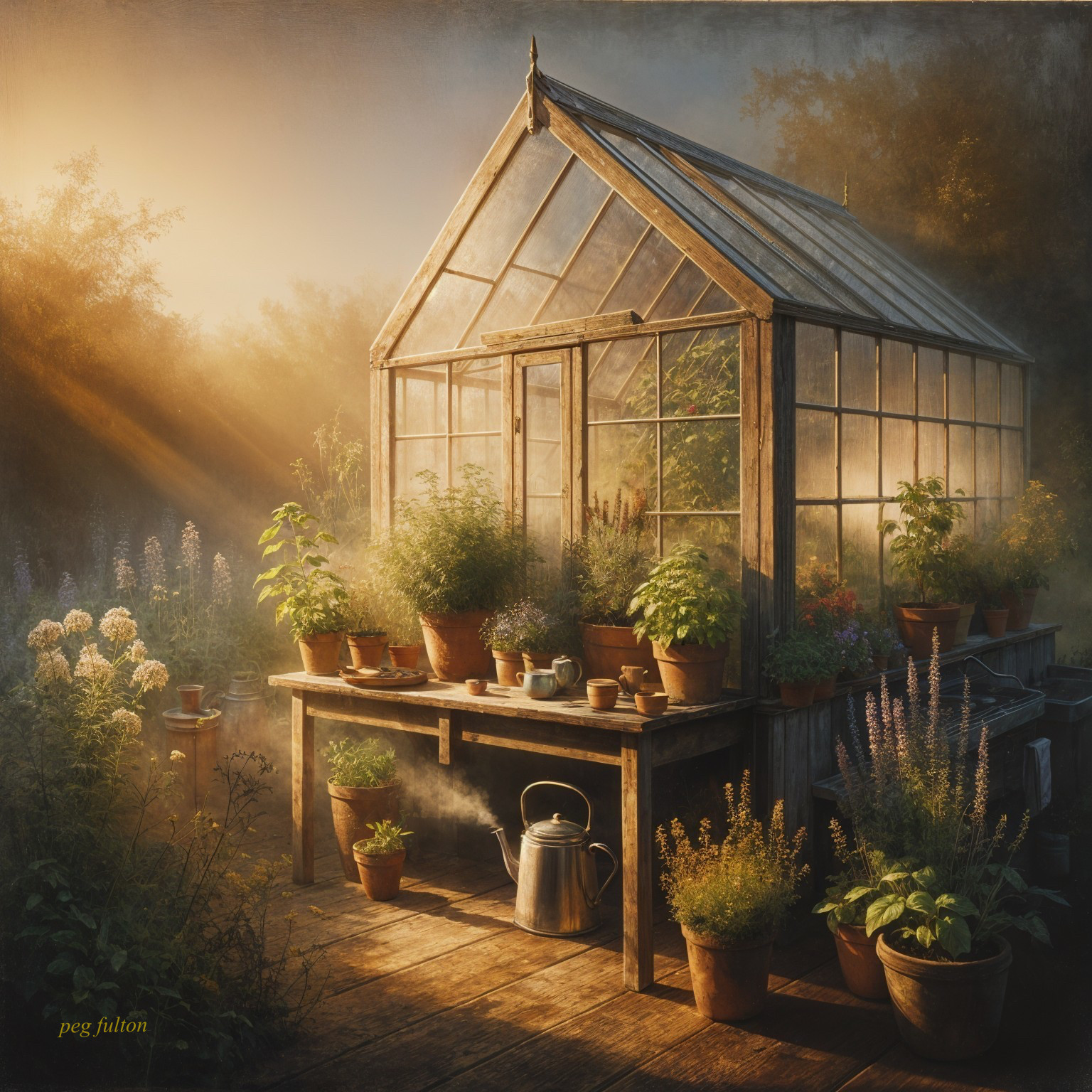 Charming Greenhouse with Plants in Morning Light