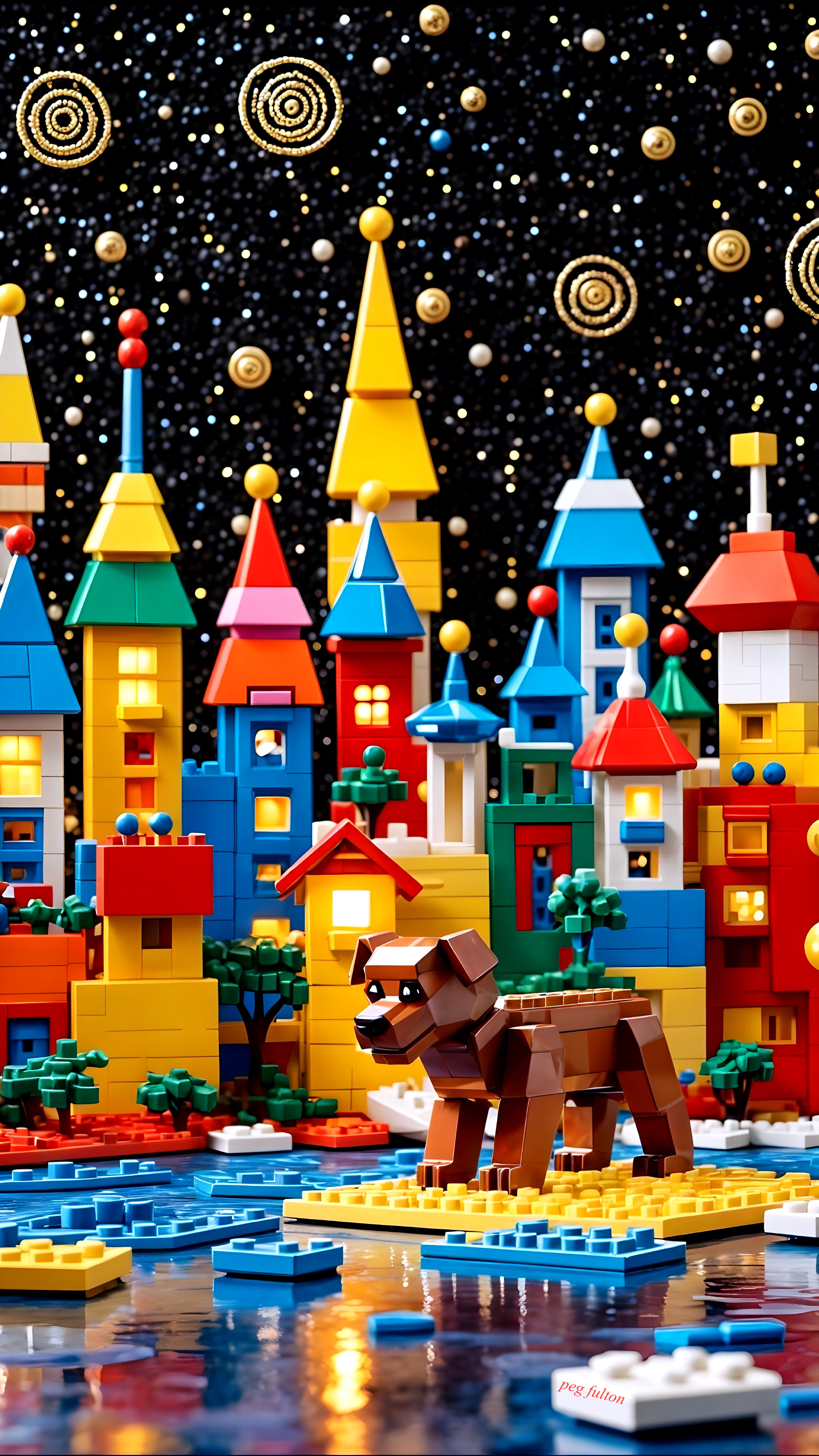 Colorful LEGO Dog in Whimsical Cityscape Scene