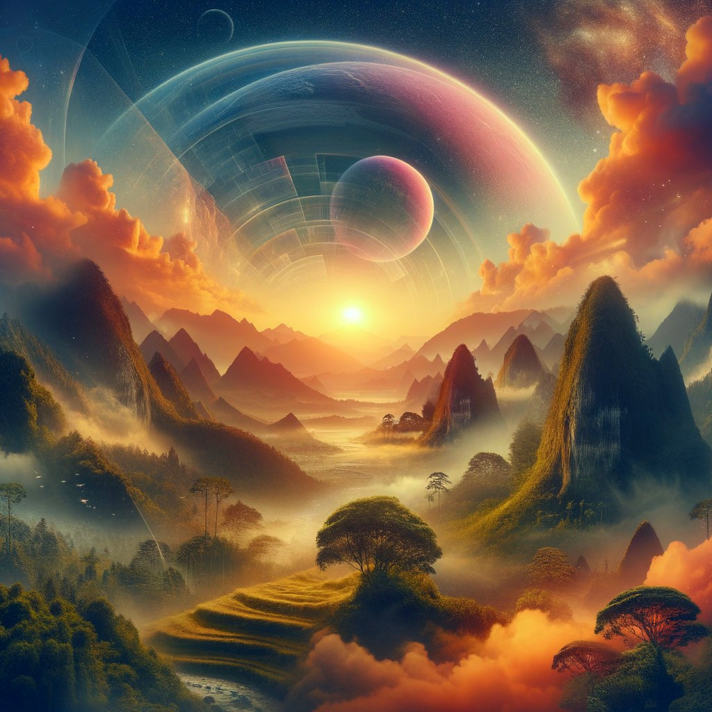 Fantastical Landscape with Sunset and Celestial Bodies