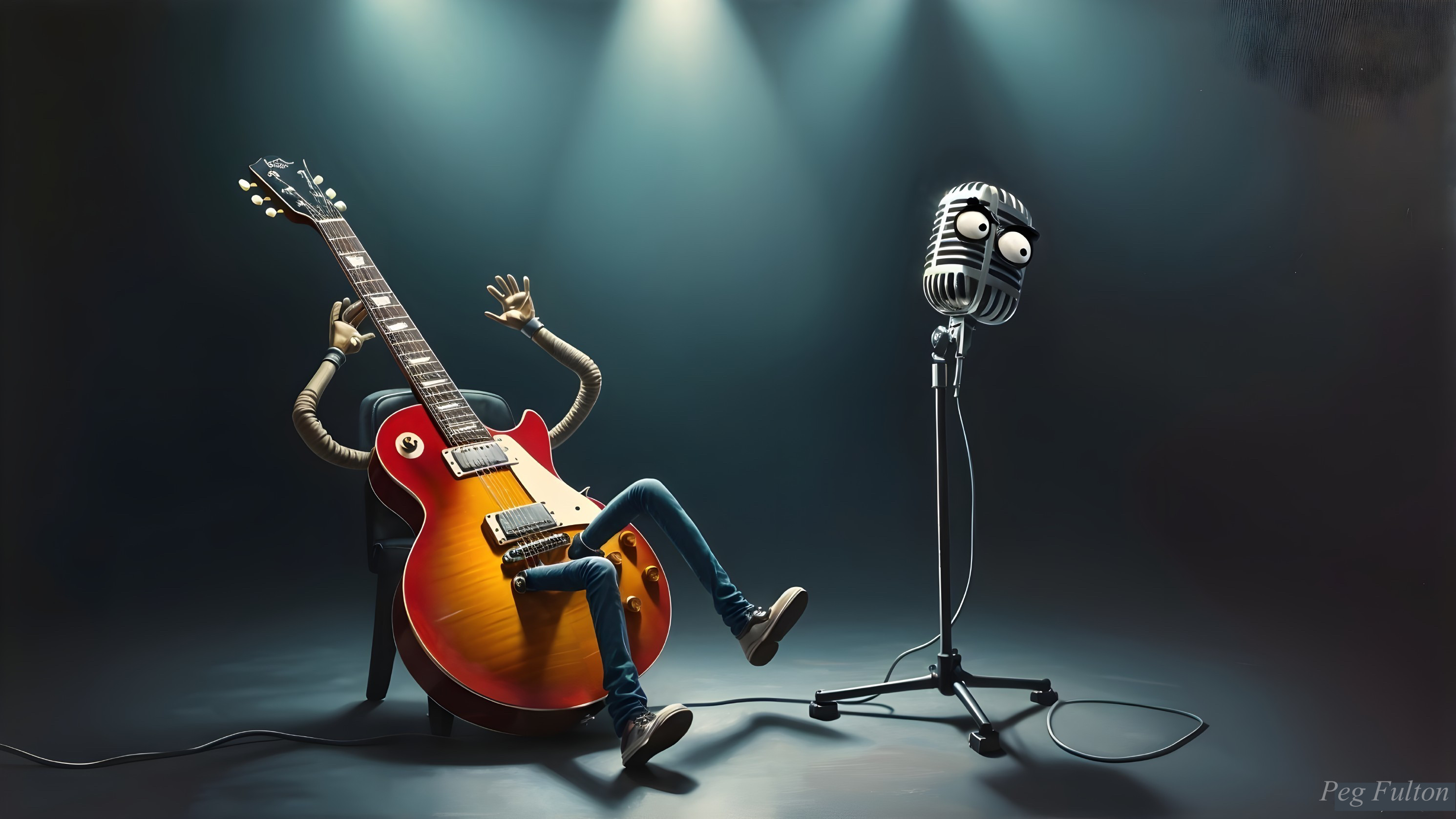 Cartoon Guitar and Microphone in Playful Scene