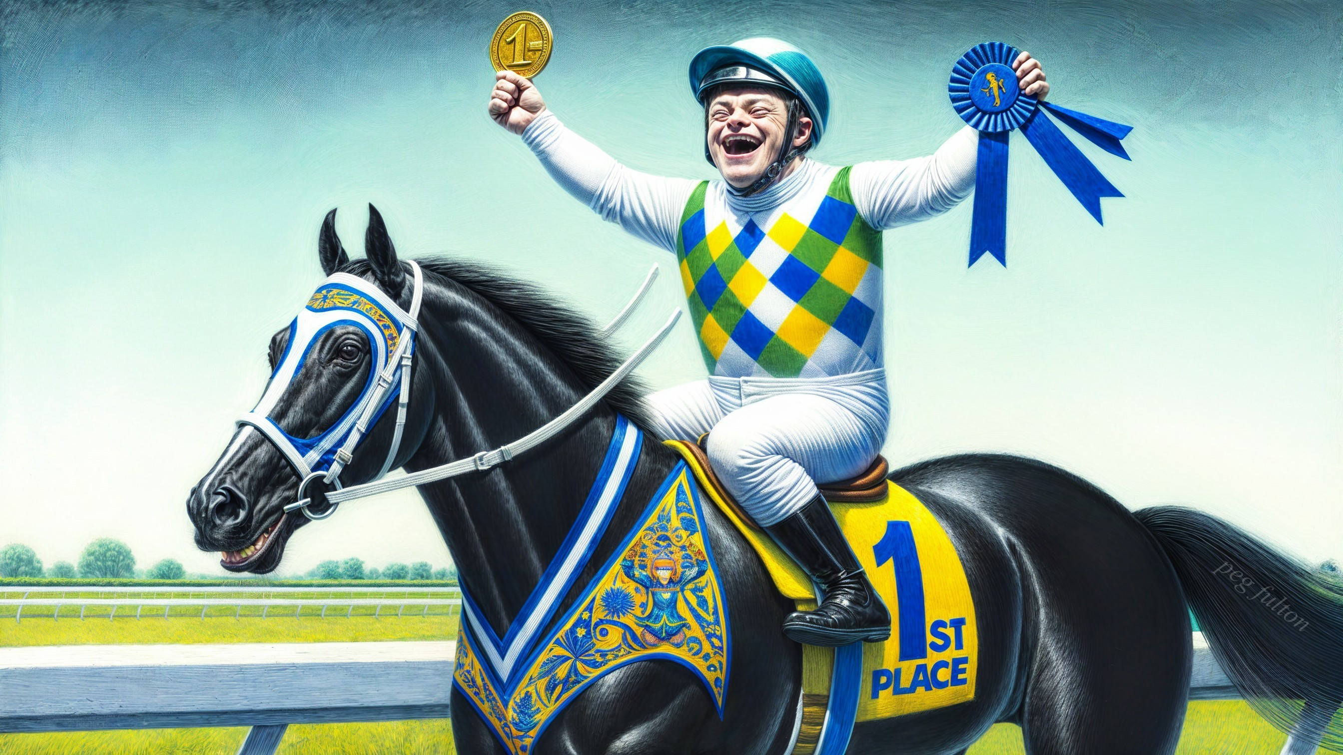 Jockey Celebrates Victory on Black Horse at Racetrack