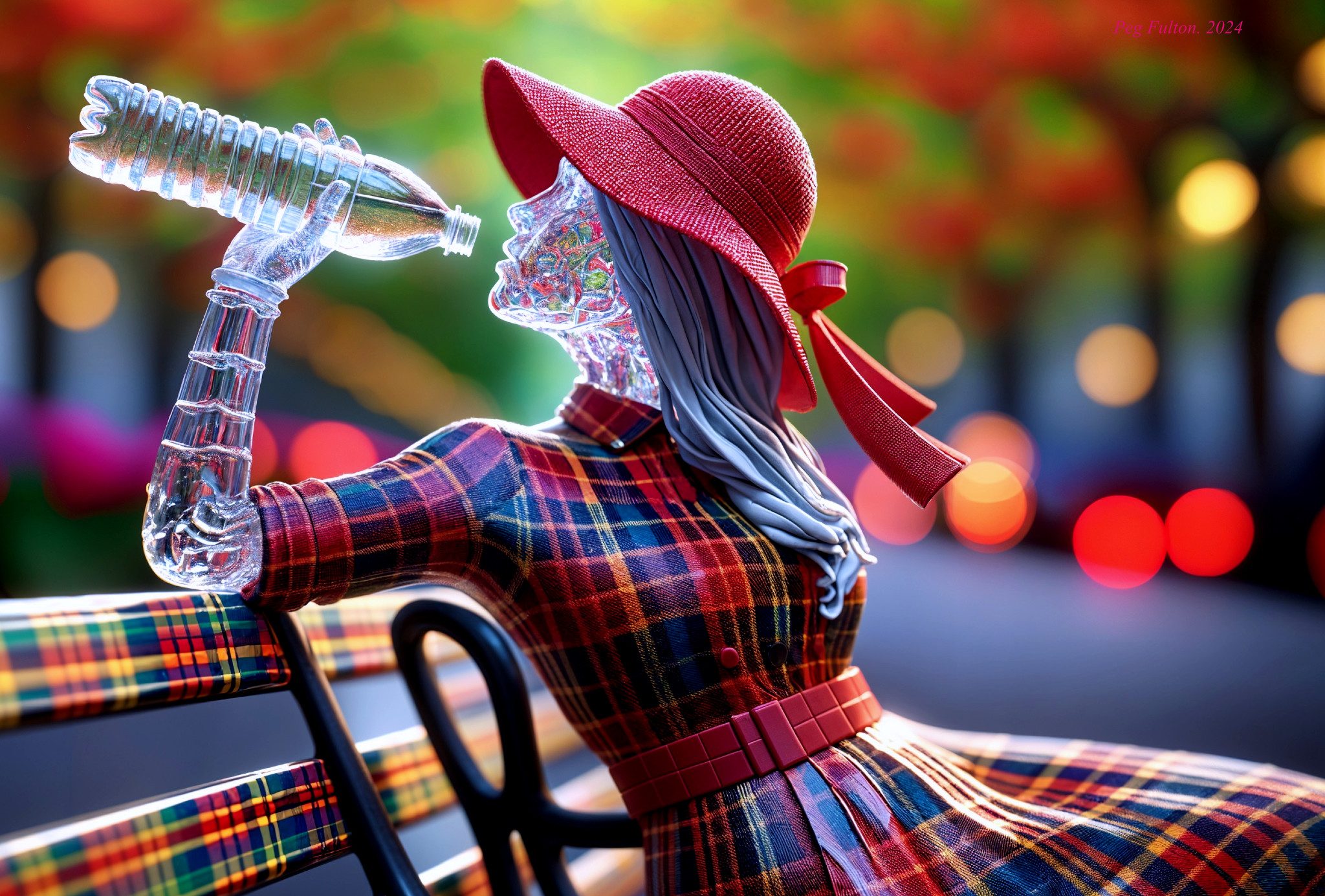 Transparent Figure on Park Bench with Colorful Background