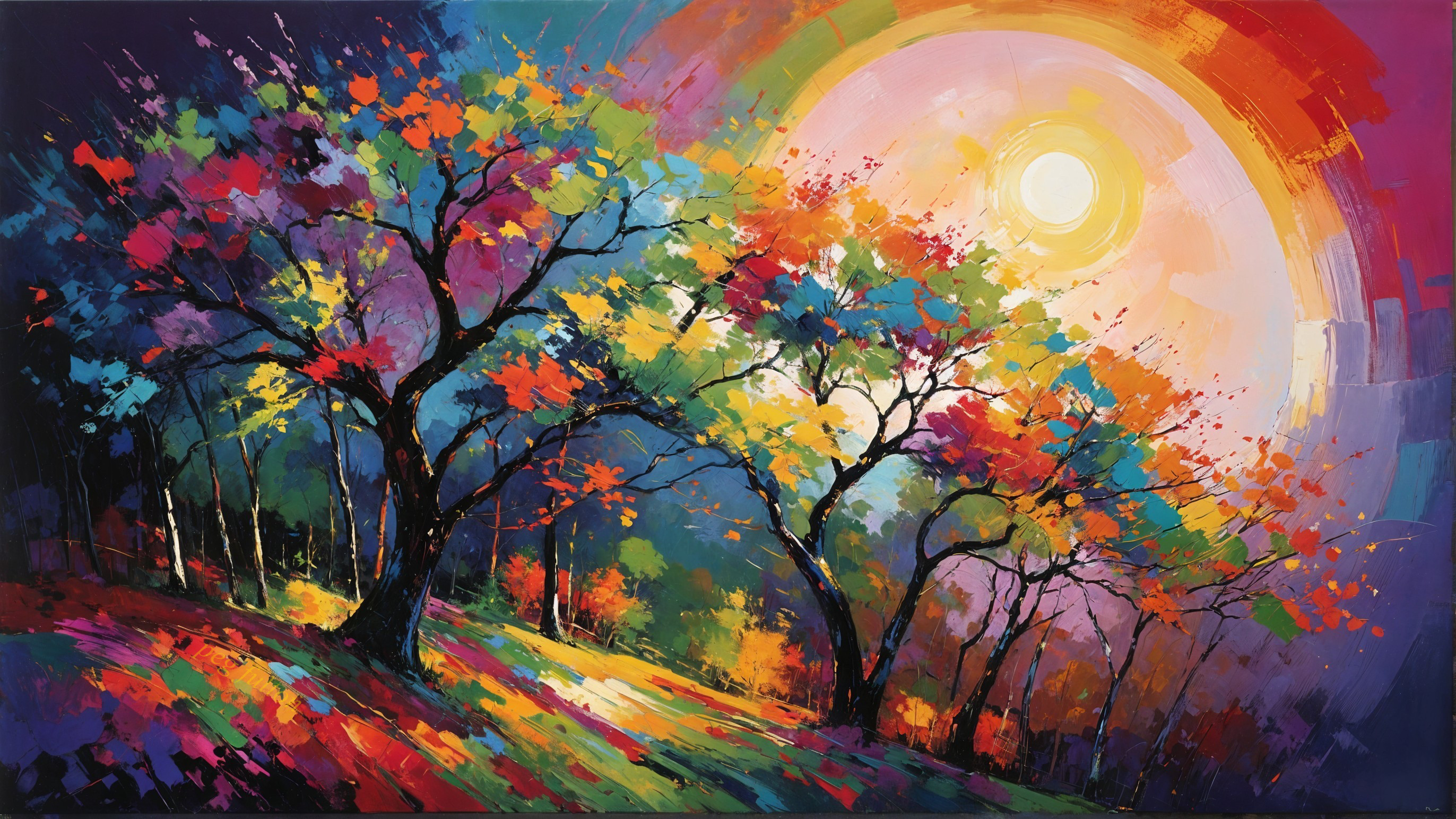 Vibrant Landscape with Colorful Trees and Sunlight