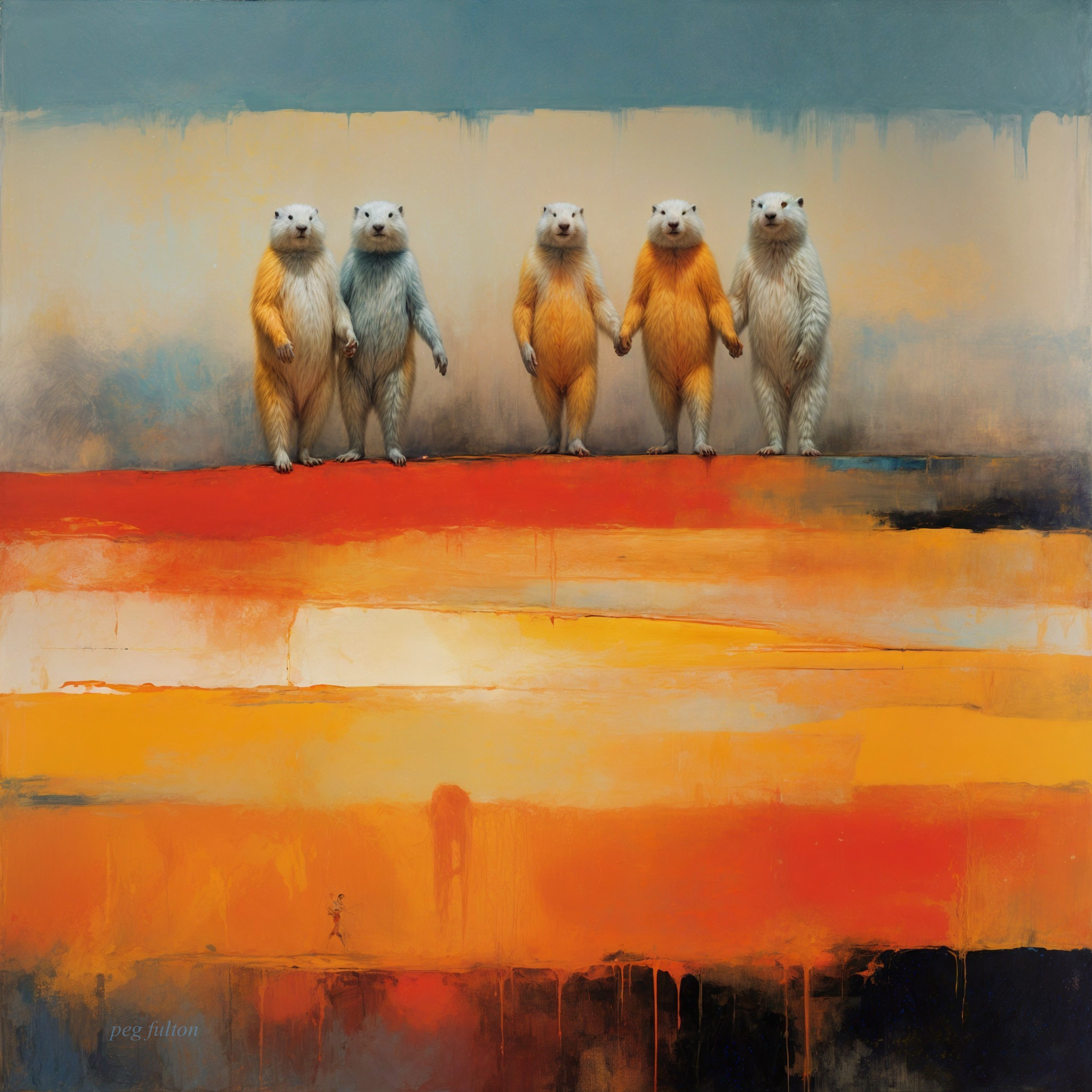 Anthropomorphic bears in vibrant abstract setting