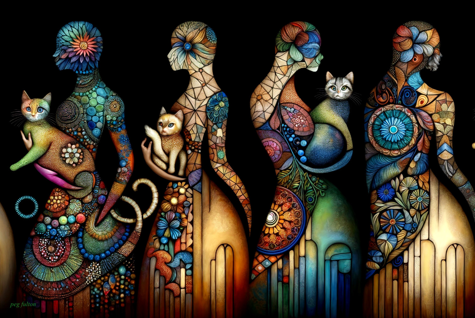 Colorful Abstract Figures with Cats on Dark Background
