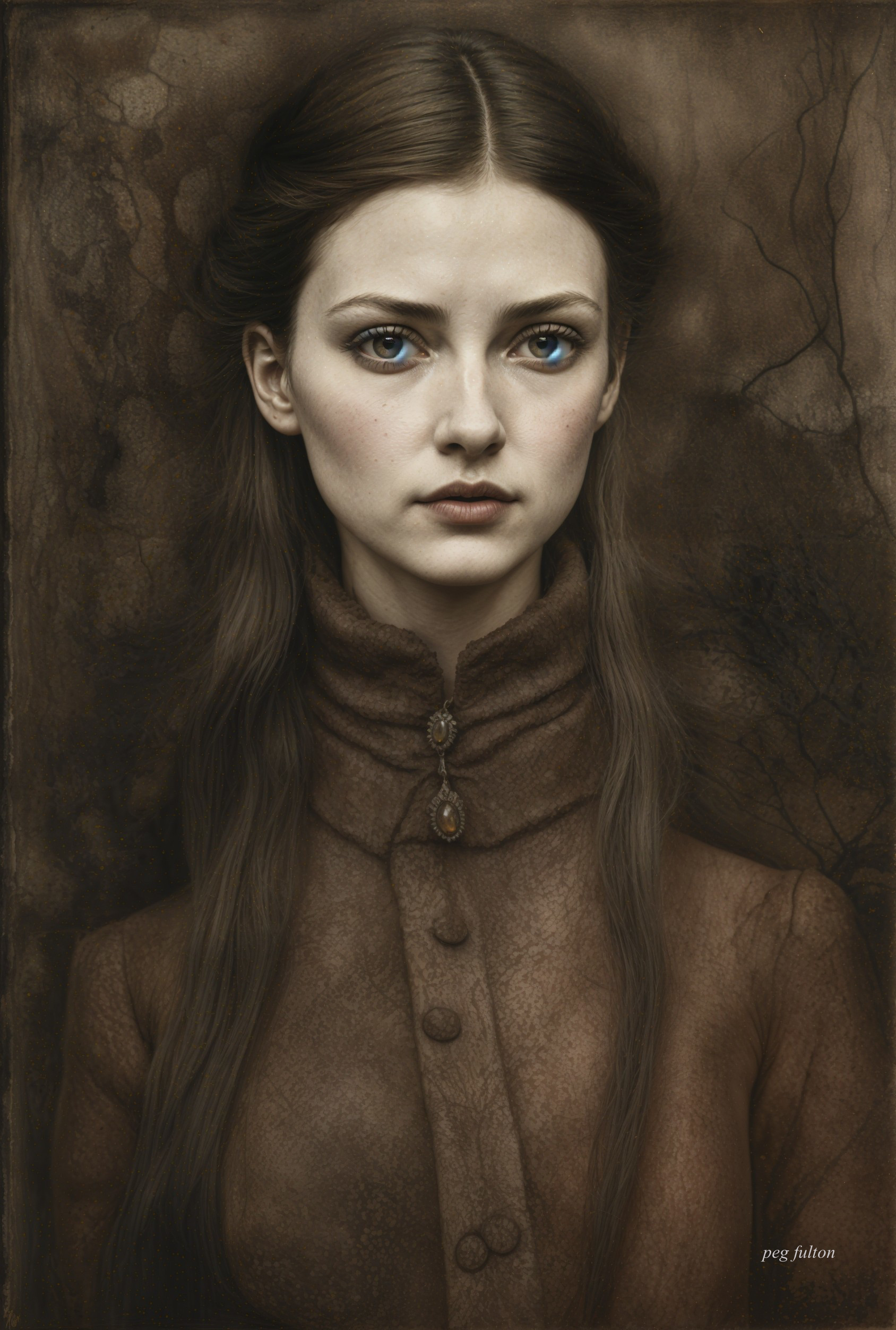 Young Woman with Blue Eyes in Vintage Brown Garment