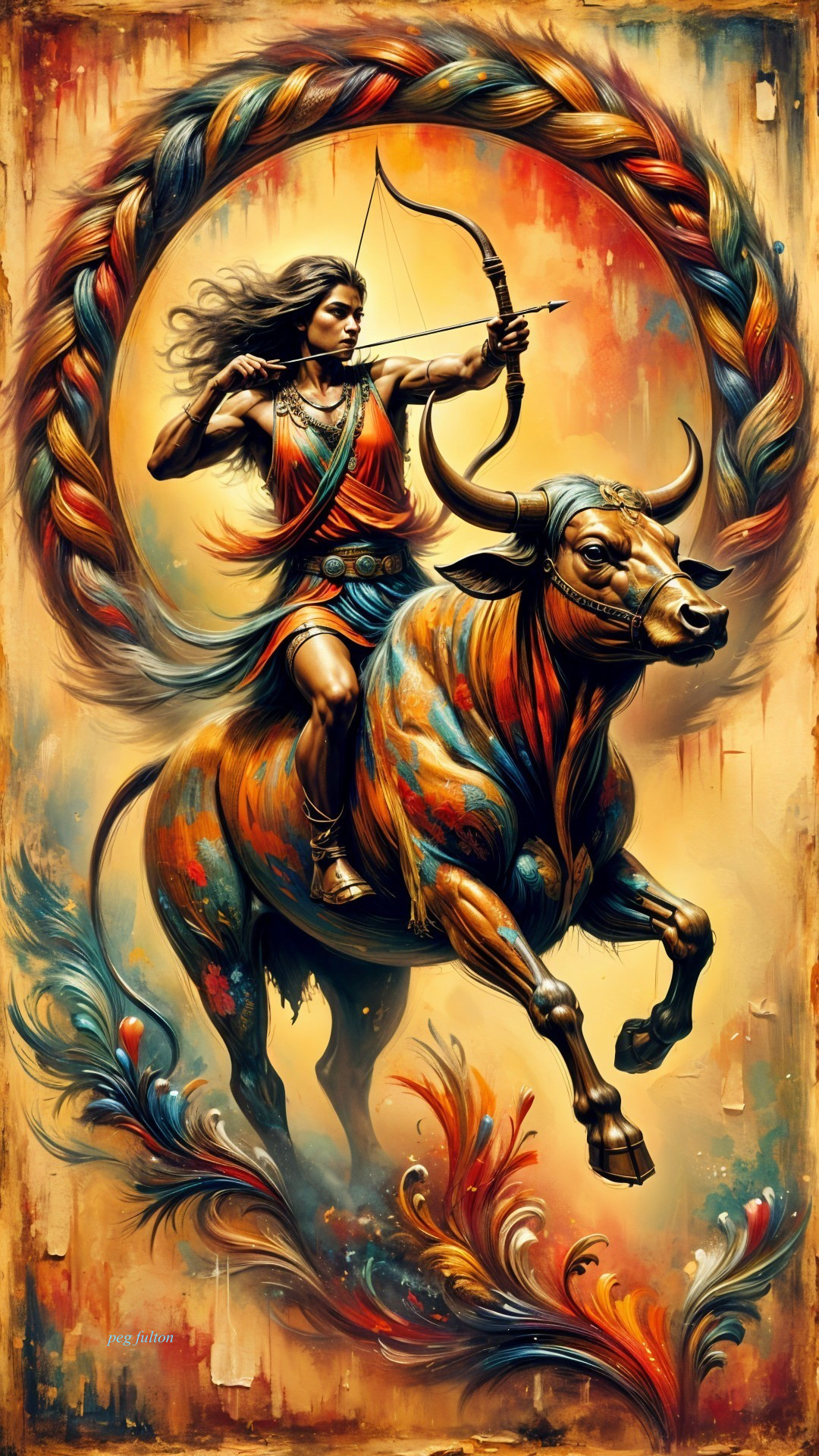 Warrior Woman on Bull with Bow in Colorful Background