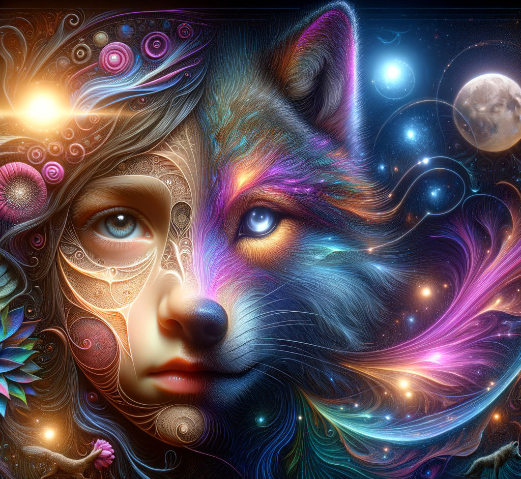 Colorful Wolf and Girl's Face Merge in Vibrant Fantasy Illustration