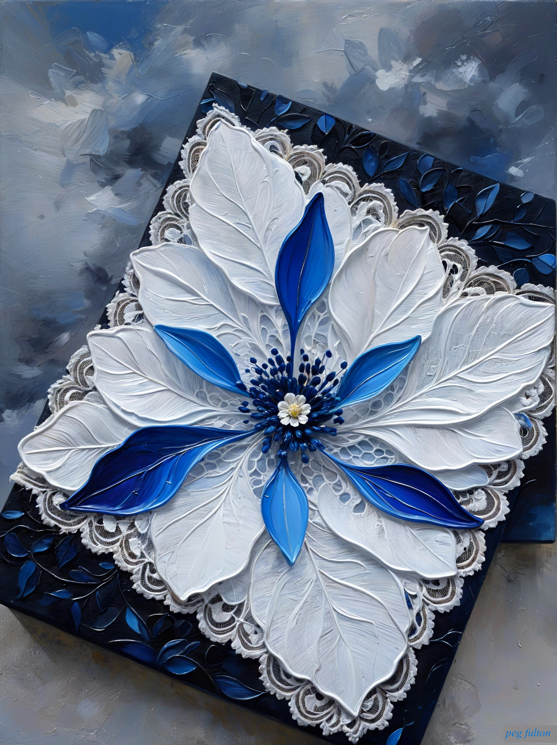 Floral Design with Textured Blue and White Petals