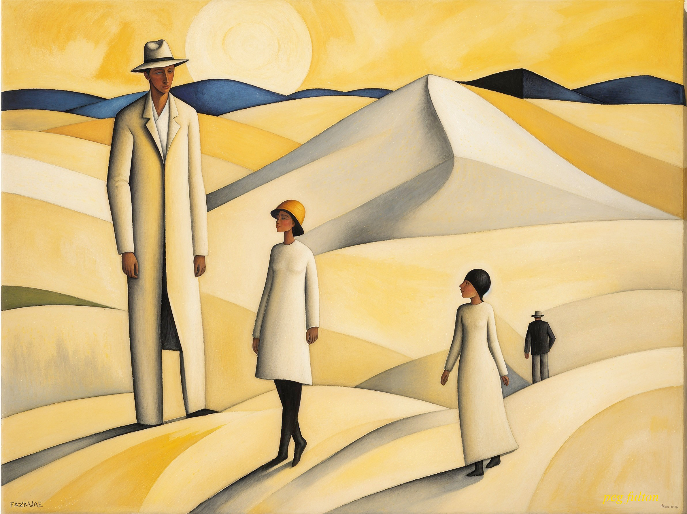 Stylized Figures in Sand Dunes Under Yellow Sky