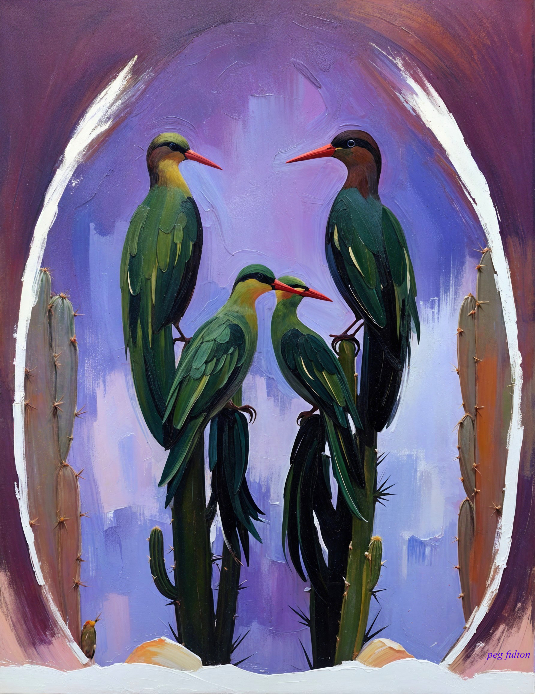 Vibrant Birds on Cacti Against Purple Background