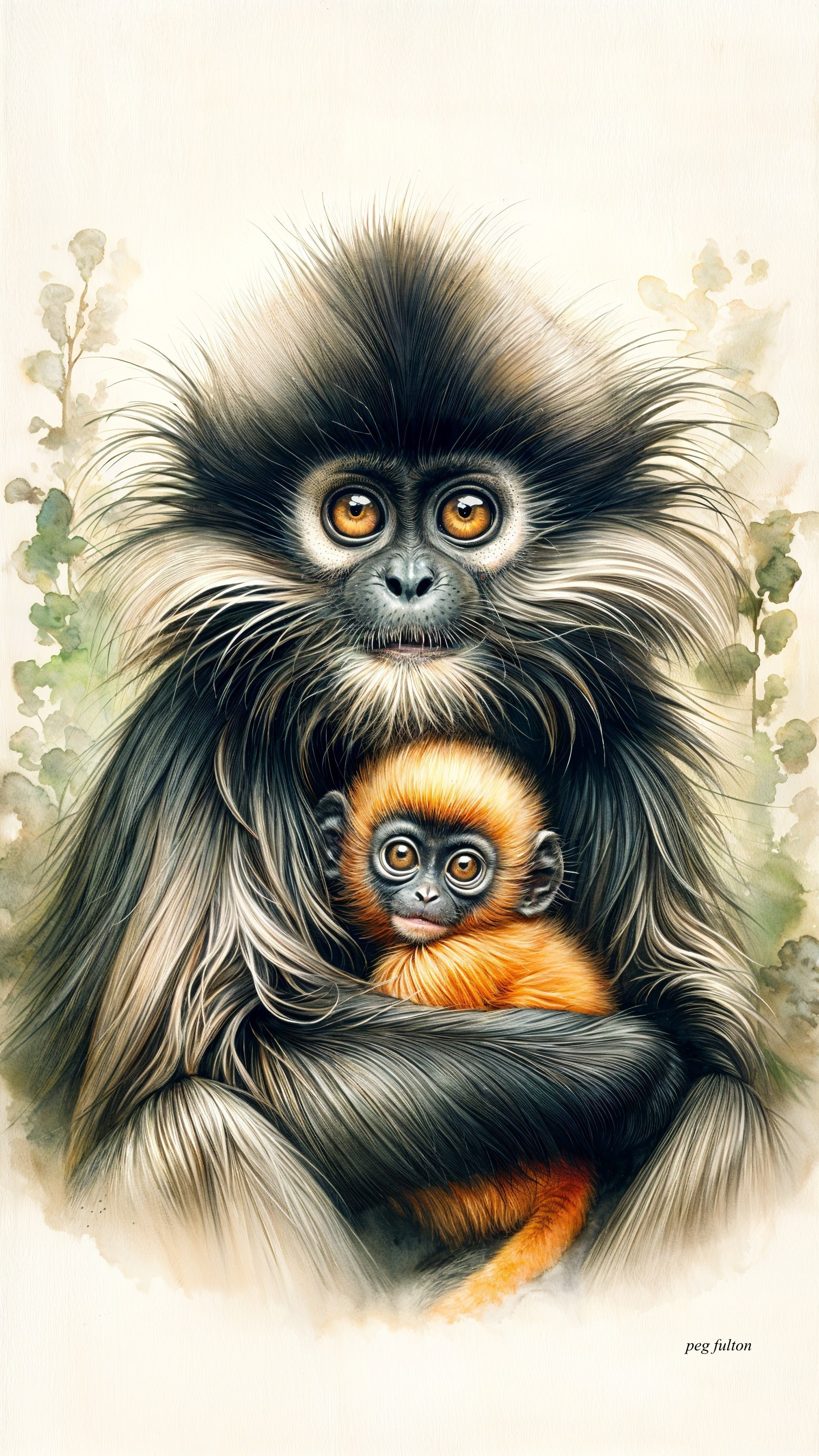Detailed Illustration of Mother Monkey and Baby