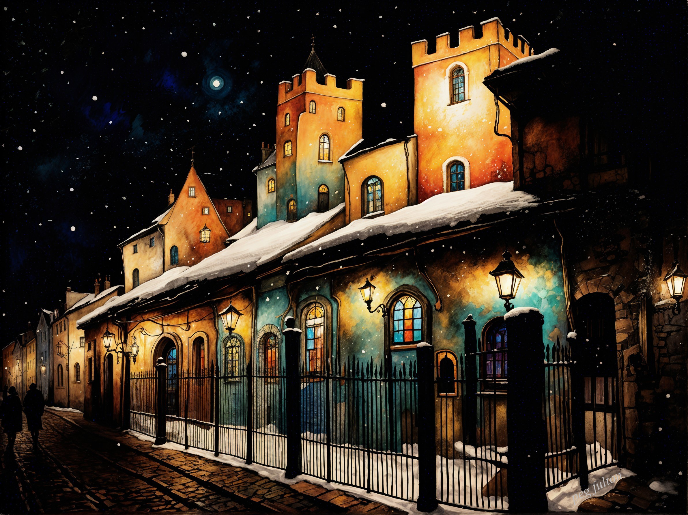 Charming Winter Night Scene with Colorful Buildings