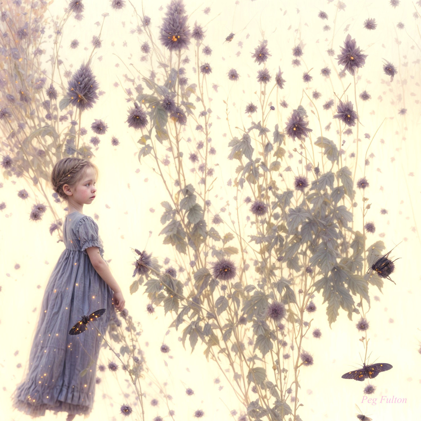 Young Girl in Blue Dress Among Oversized Flowers