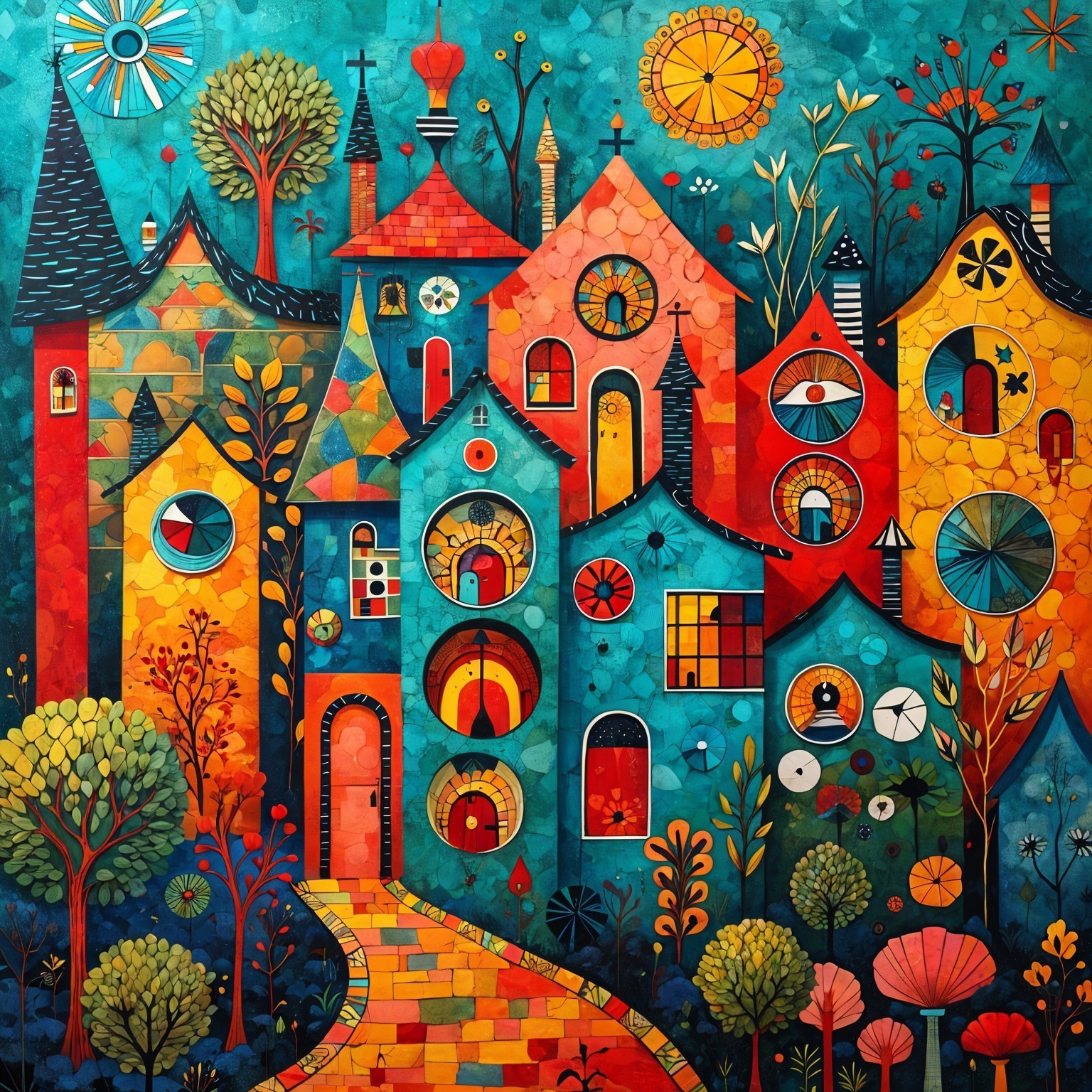 Vibrant Village Scene with Abstract Colorful Houses