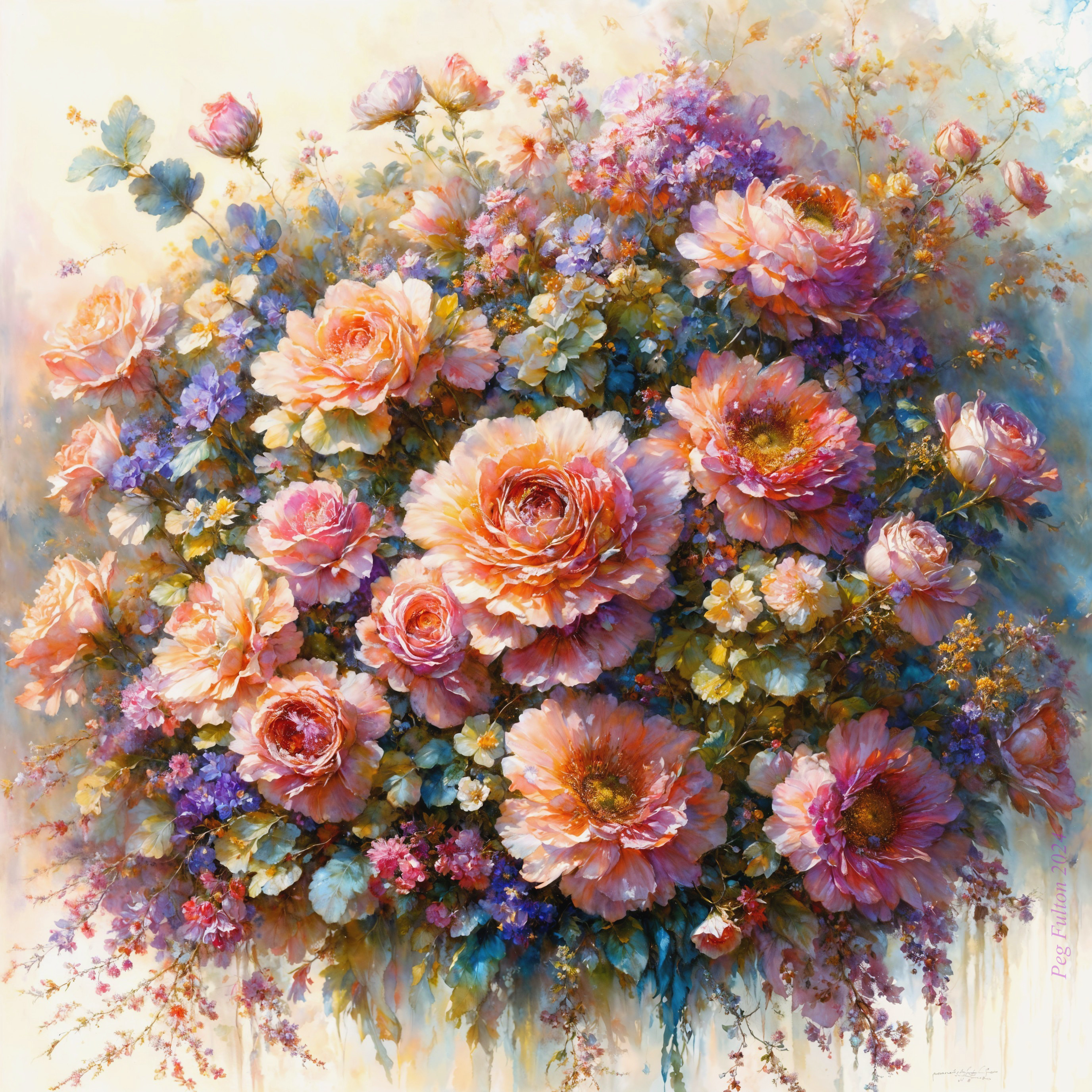 Vibrant Bouquet of Soft-Hued Roses and Wildflowers