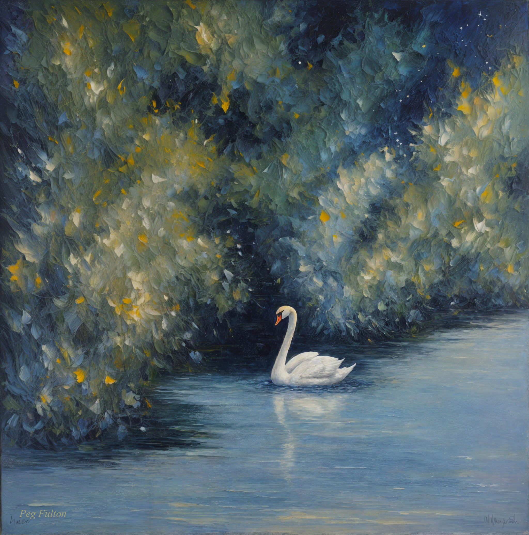Serene Painting of a White Swan on Tranquil Waterway