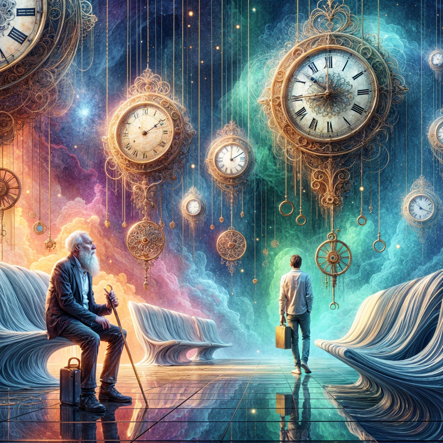 Surreal Scene of Wisdom and Time in Dreamscape