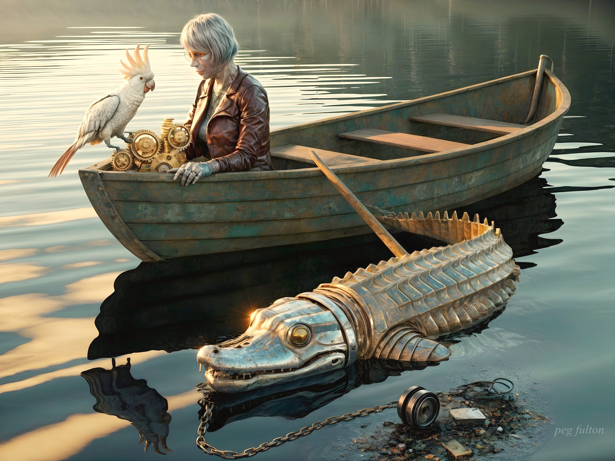 Serene Lakeside Scene with Steampunk Elements