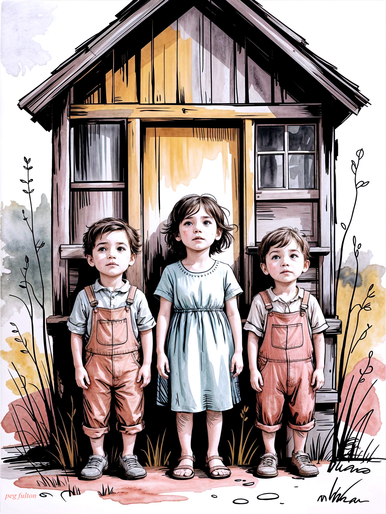 Children in Front of Rustic Wooden House with Foliage