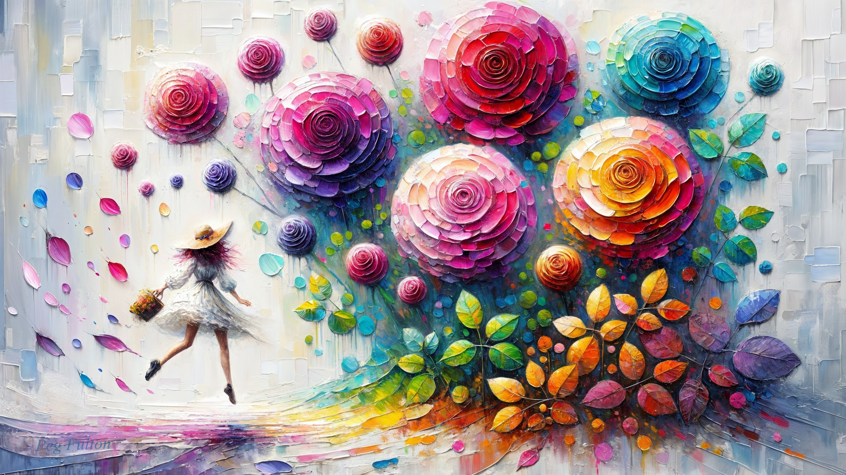 Impressionistic Painting of a Joyful Figure and Roses