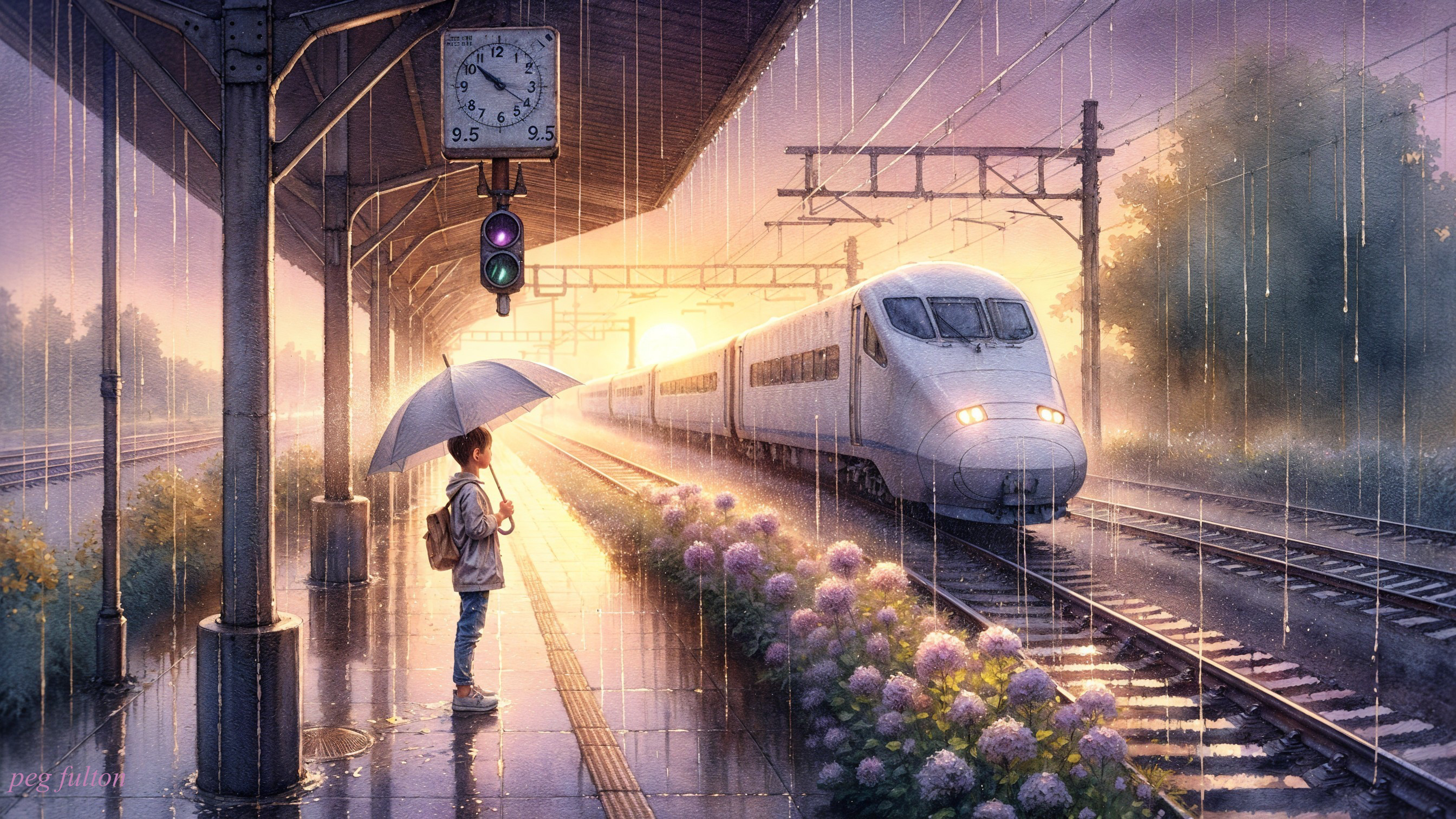 Tranquil Train Station Scene with Rain and Sunset