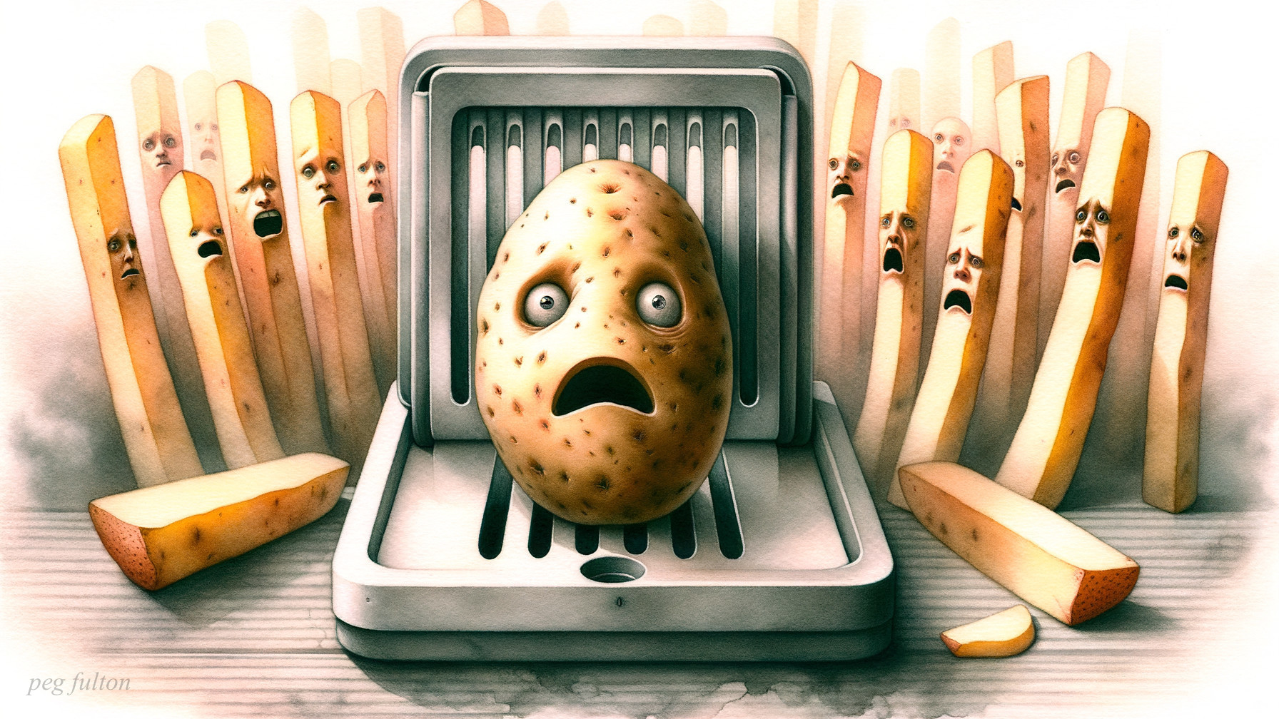 Surreal Kitchen Scene with Frightened Potato and Fries
