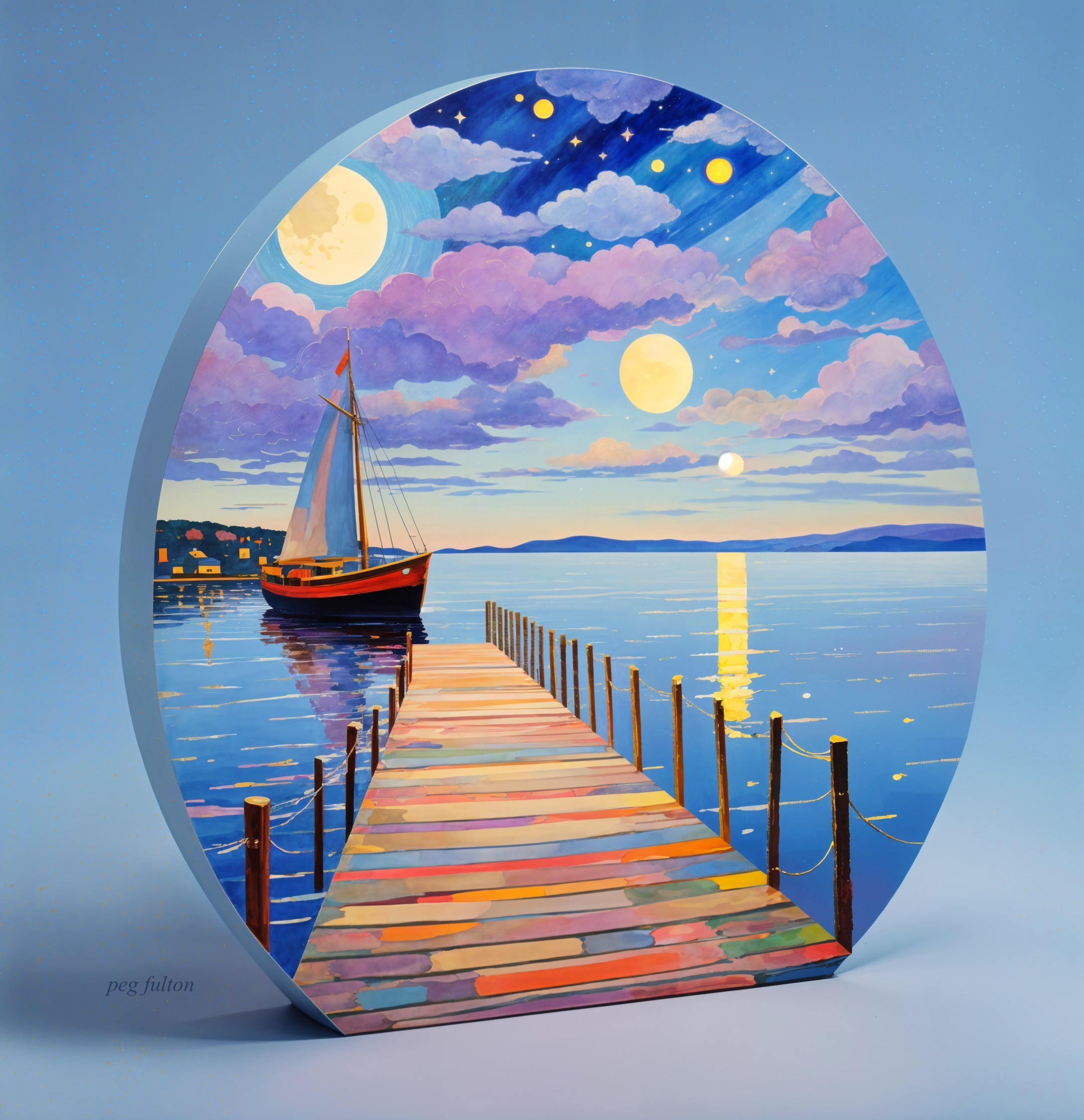 Colorful Dock and Sailboat Under Vibrant Moons