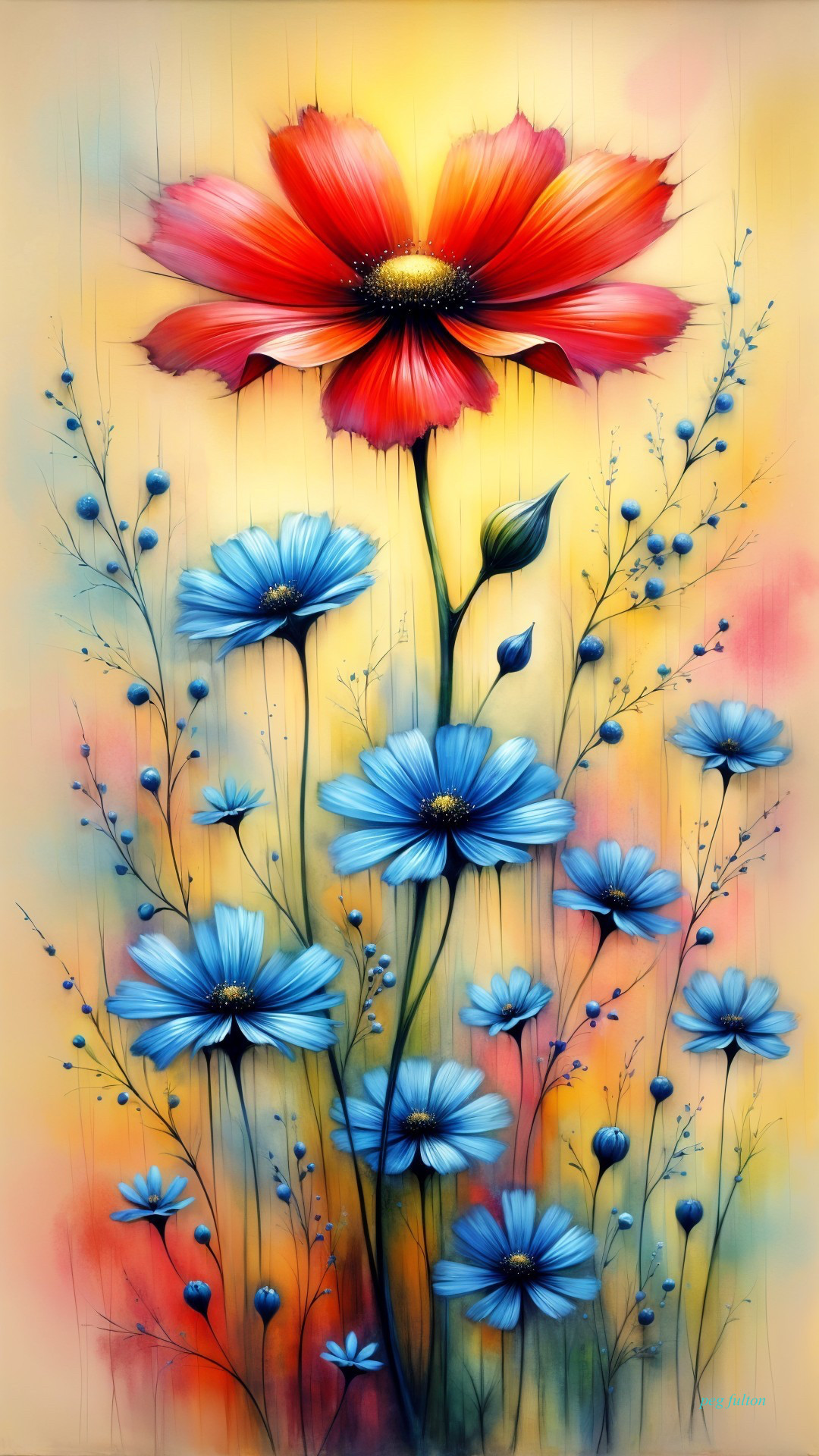 Vibrant Floral Painting with Red and Blue Flowers