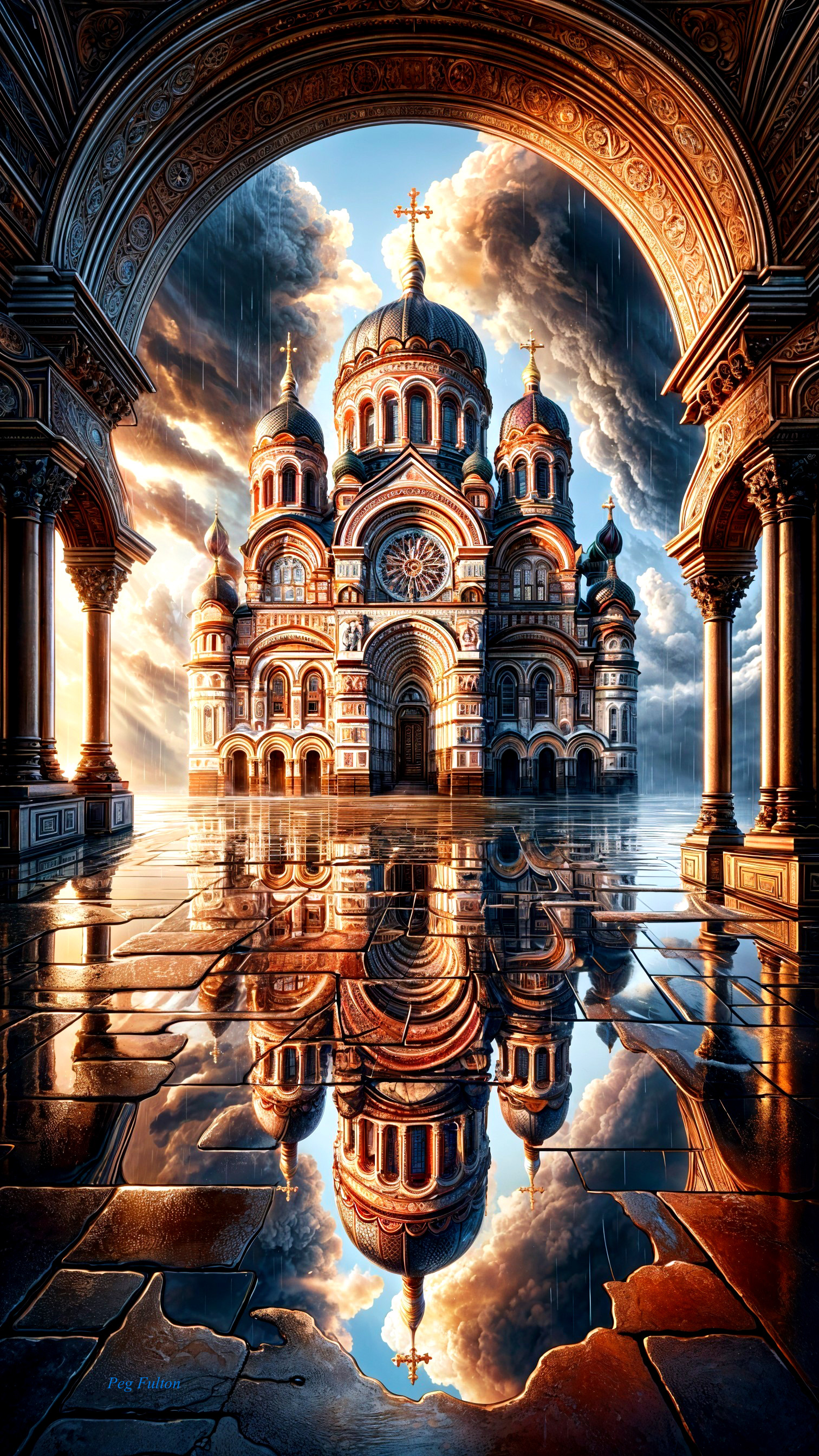 Majestic cathedral under dramatic sky and reflections