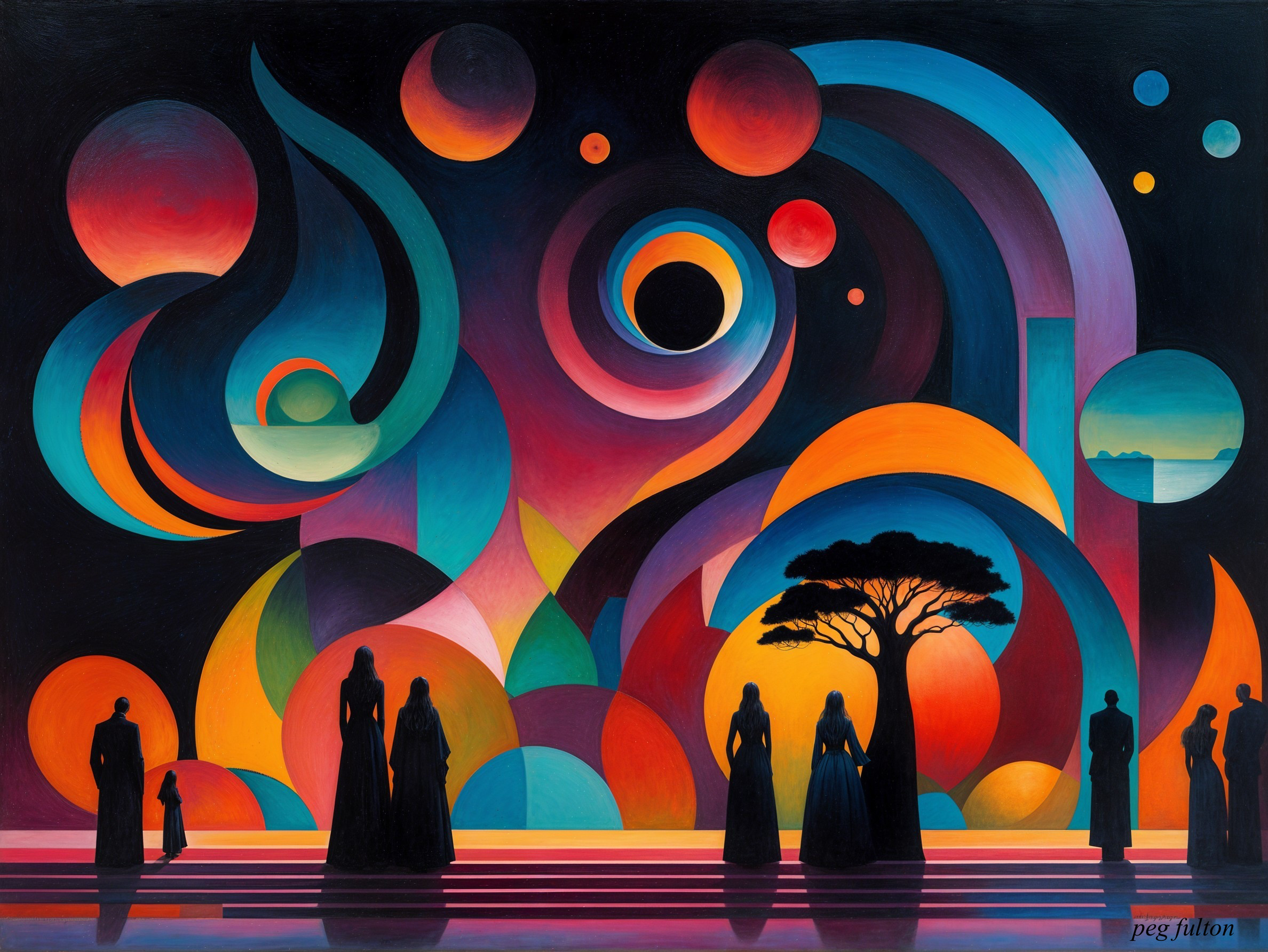 Vibrant Abstract Composition with Silhouetted Figures