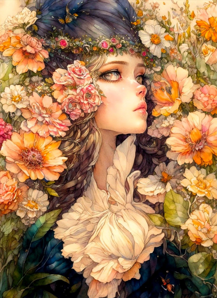 Colorful floral headpiece woman surrounded by lush flowers