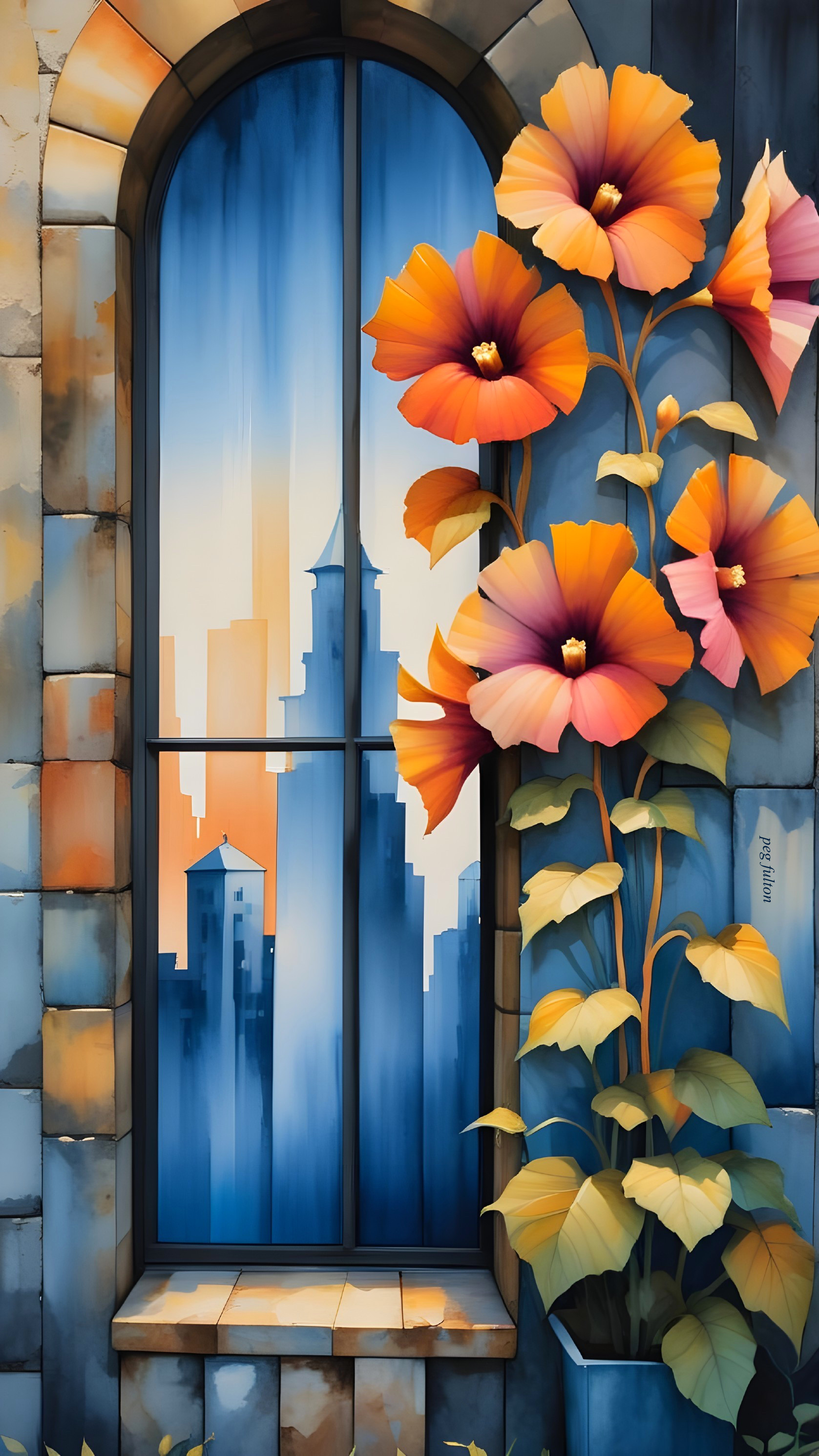 Arched Window Framed by Colorful Flowers and Cityscape