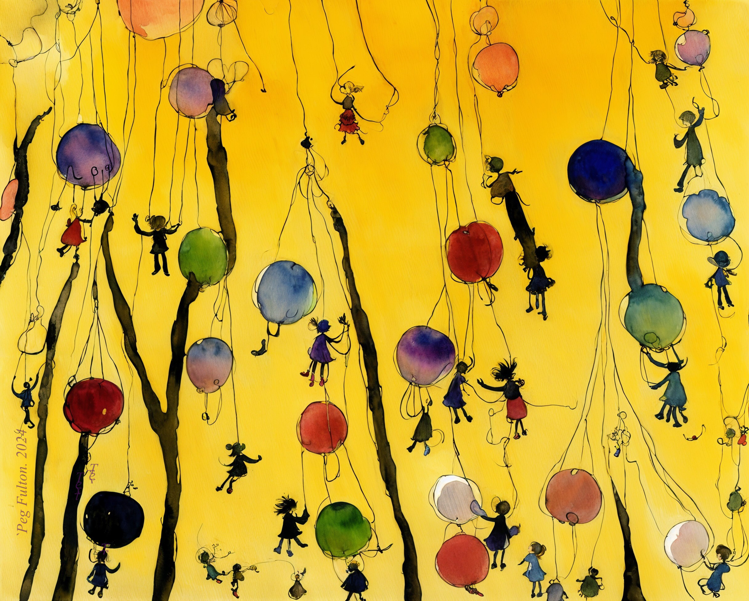 Whimsical Illustration of Colorful Balloons and Figures