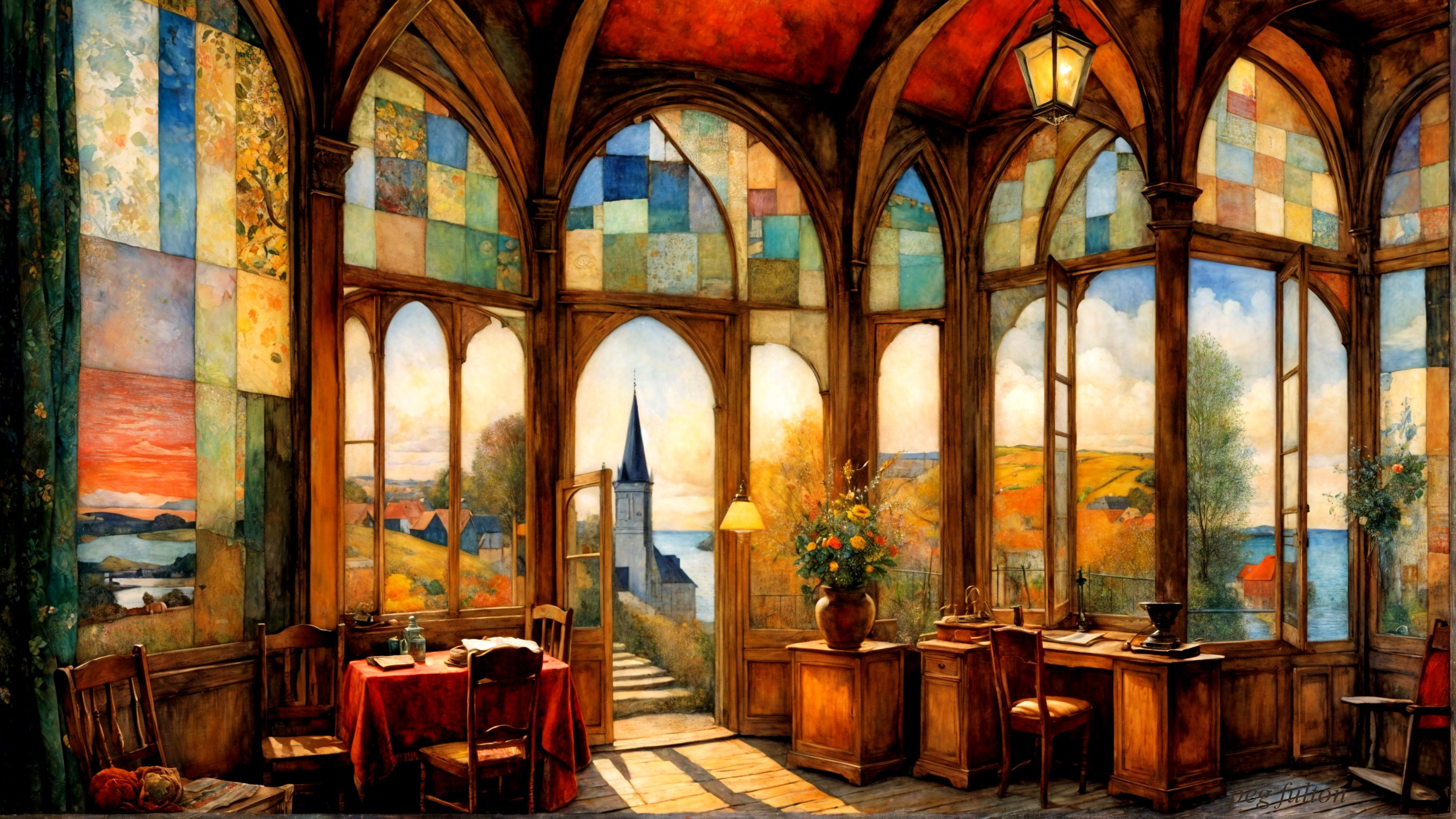 Sunroom with Stained Glass and Scenic Landscape View
