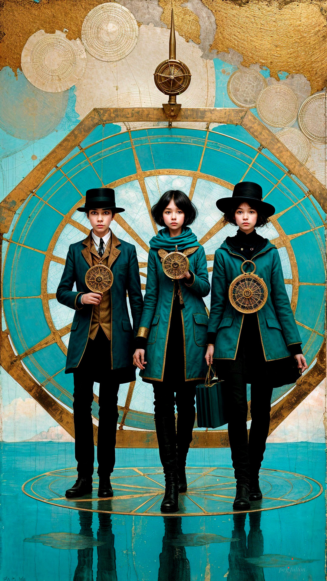 Elegantly Dressed Individuals Against Gold and Teal Backdrop