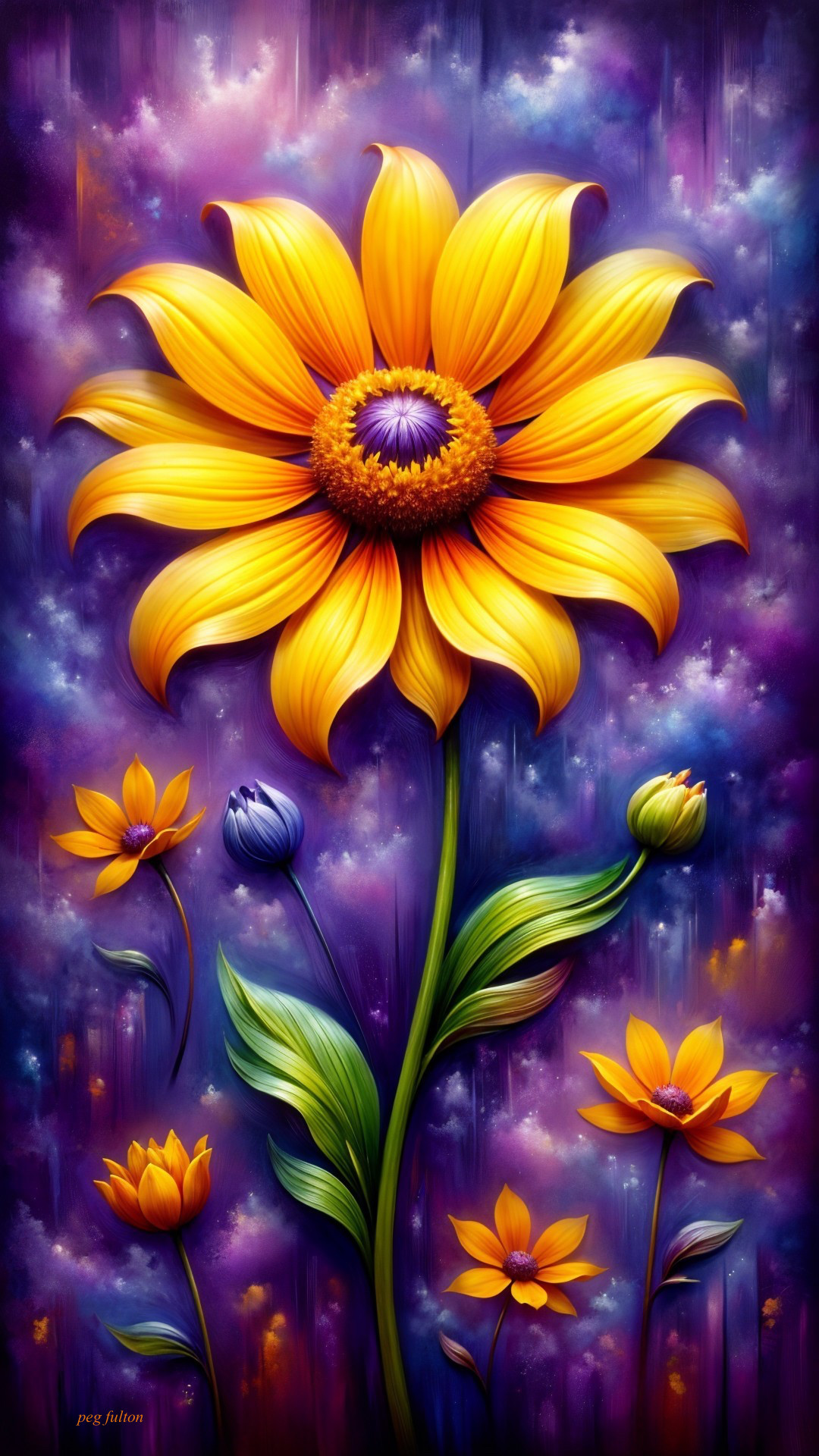 Oversized sunflower with colorful surrounding flowers