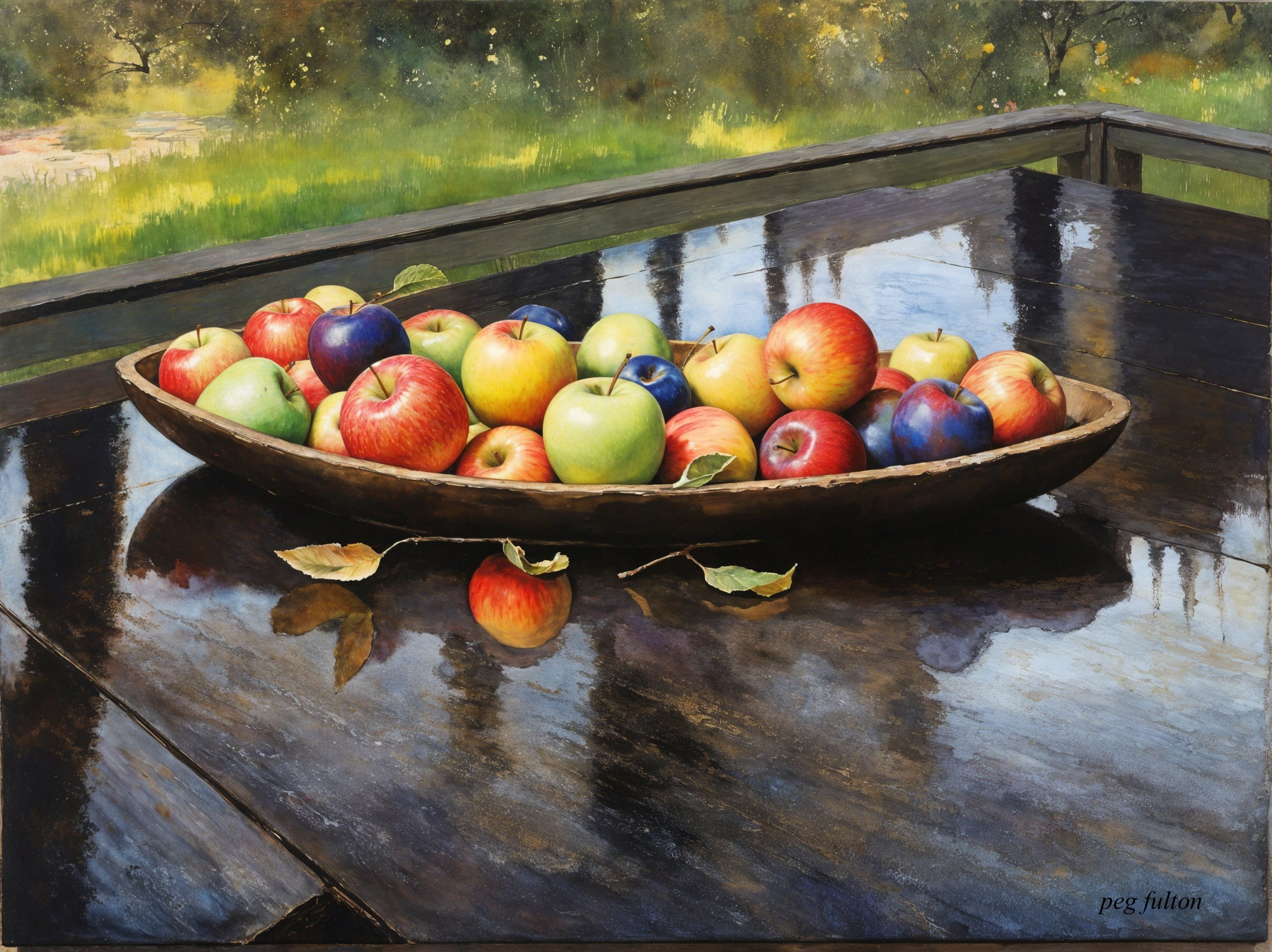 Wooden bowl filled with colorful apples on table