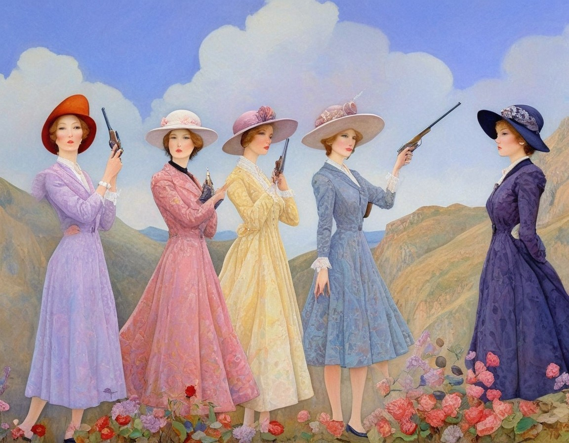 Elegant Women in Pastel Dresses with Vintage Pistols