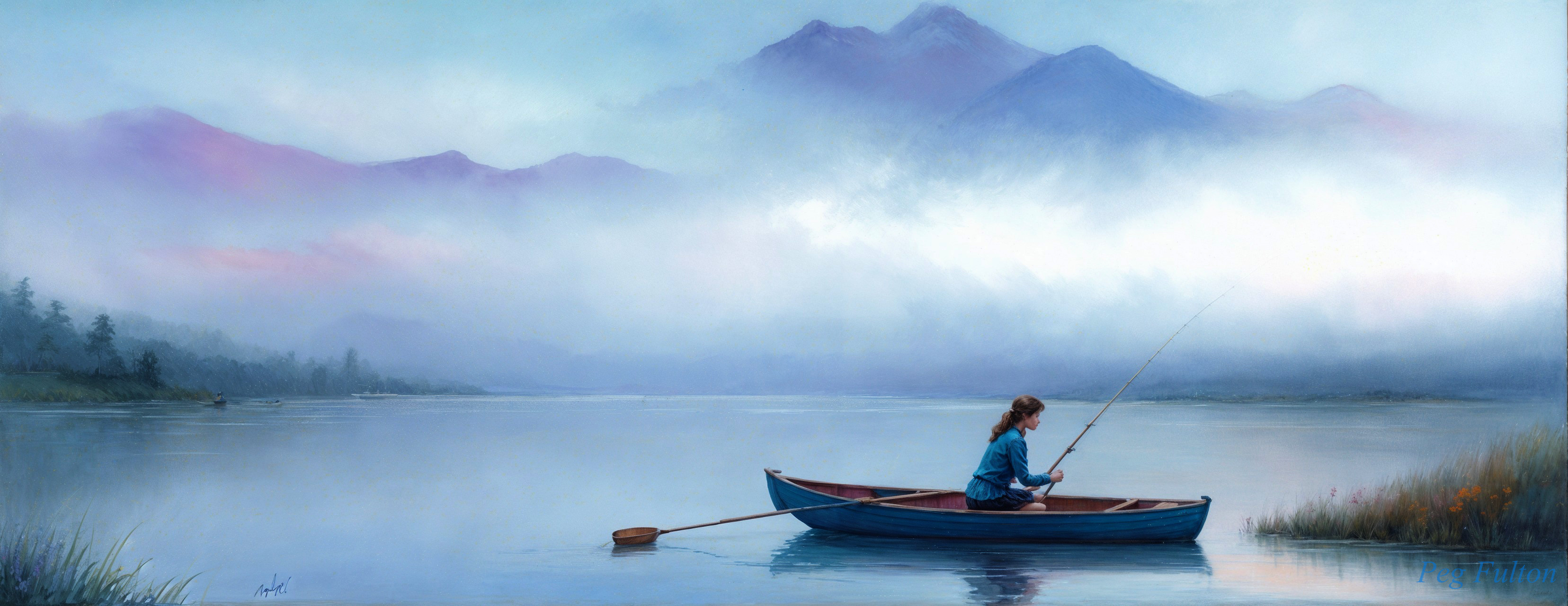 Serene Landscape of a Woman Fishing on a Calm Lake