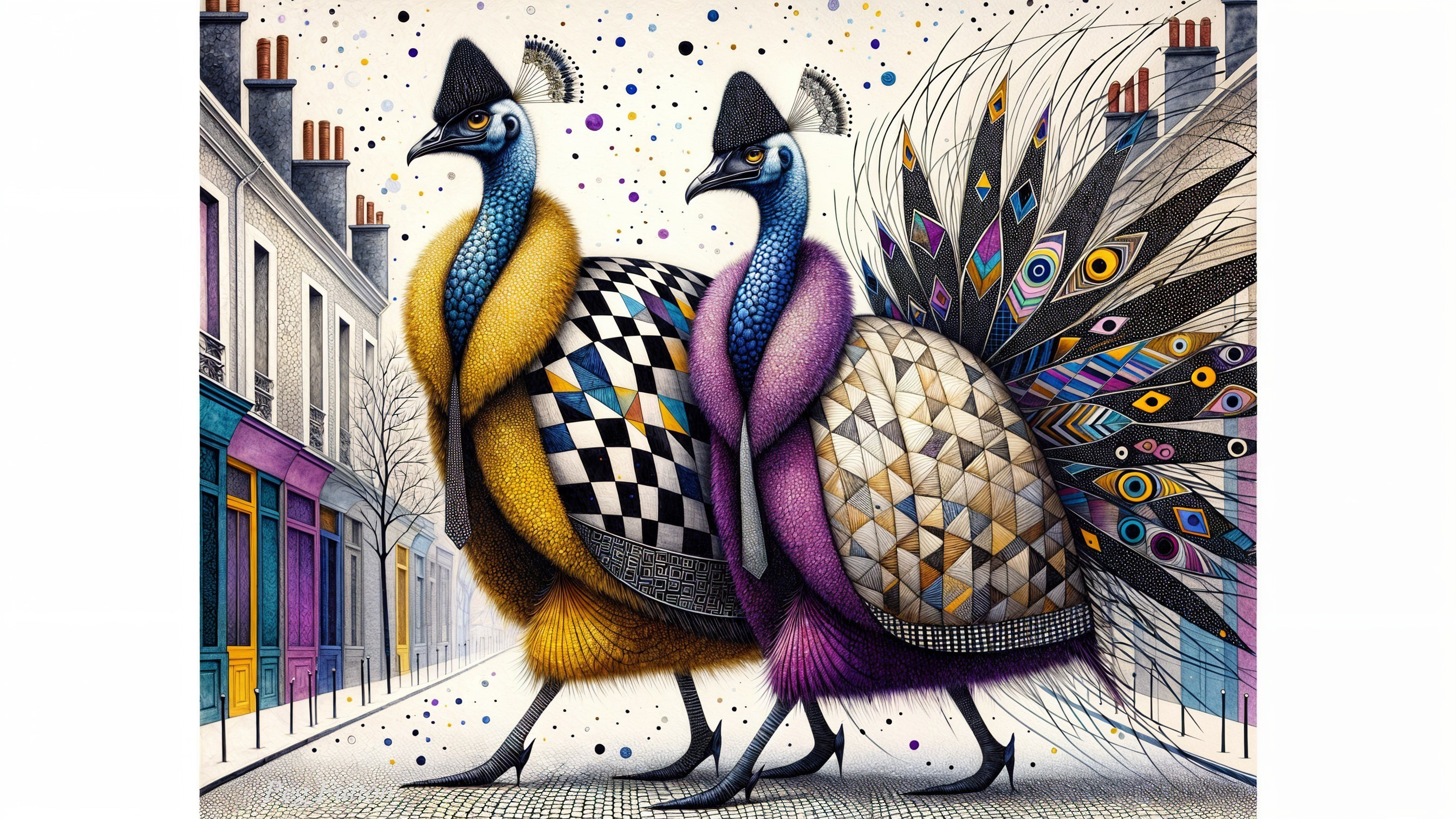 Whimsical Peacocks in Colorful Urban Setting