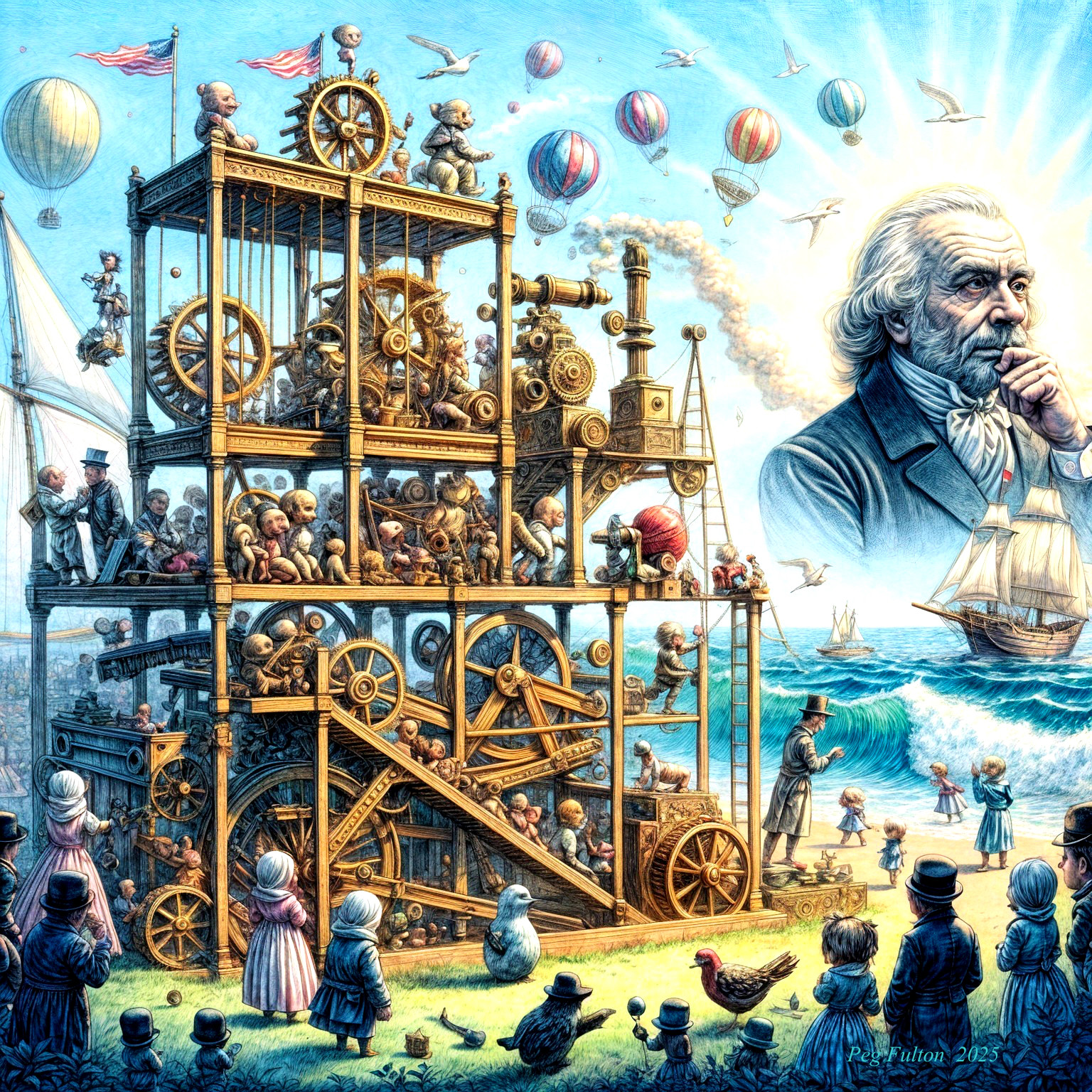 Steampunk Scene with Intricate Machine and Ocean View