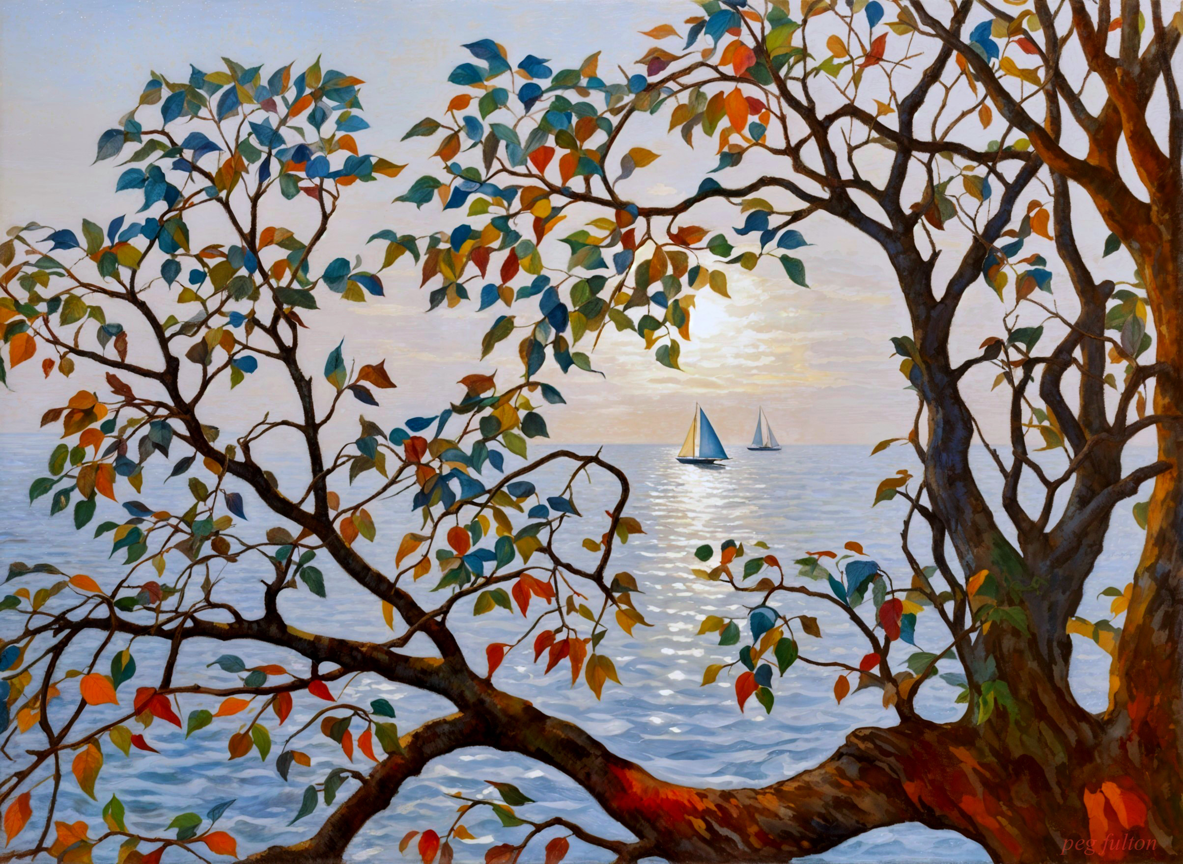 Tranquil Seascape with Sailboats and Autumn Leaves