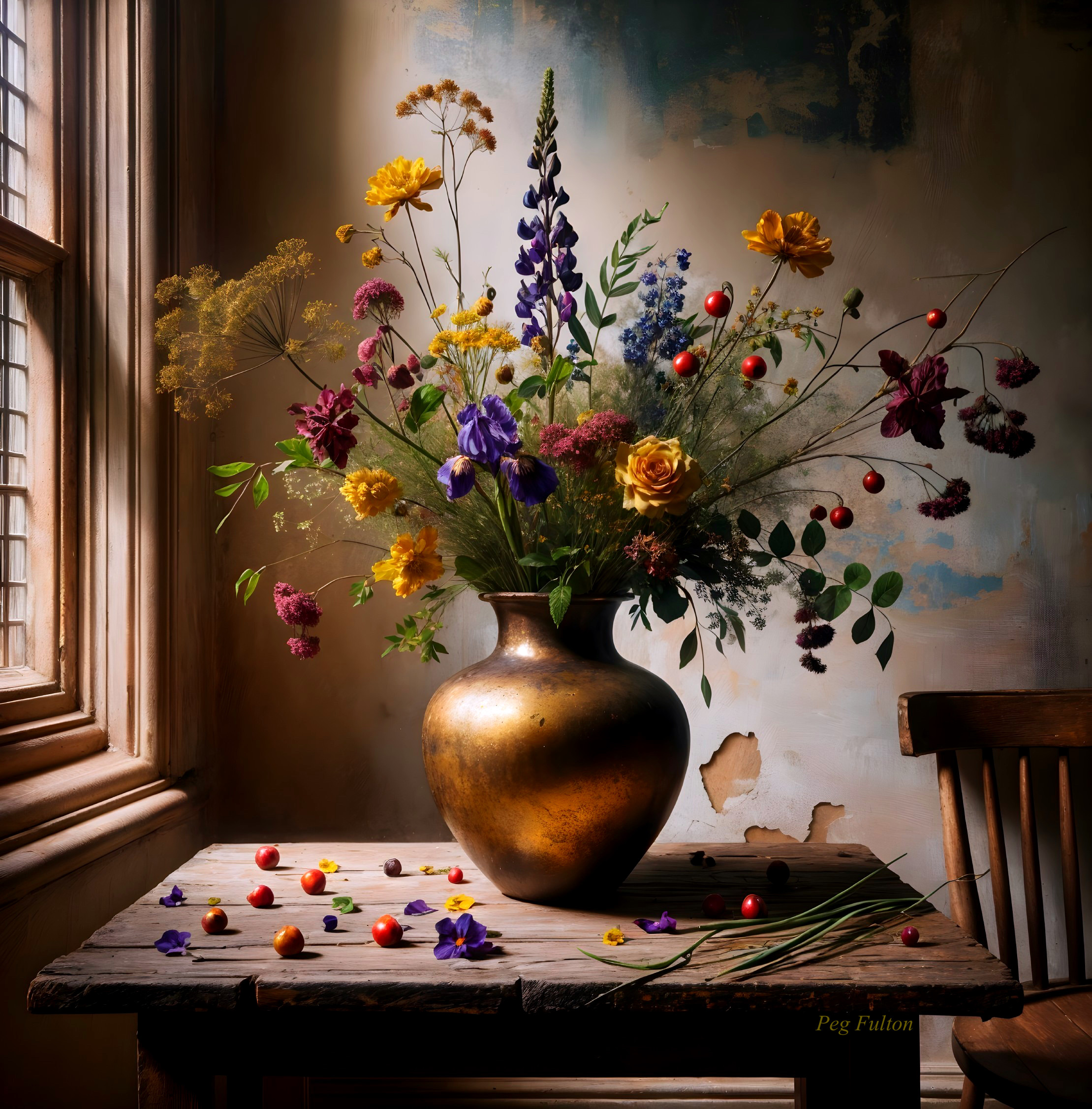 Brass Vase with Colorful Flowers on Wooden Table