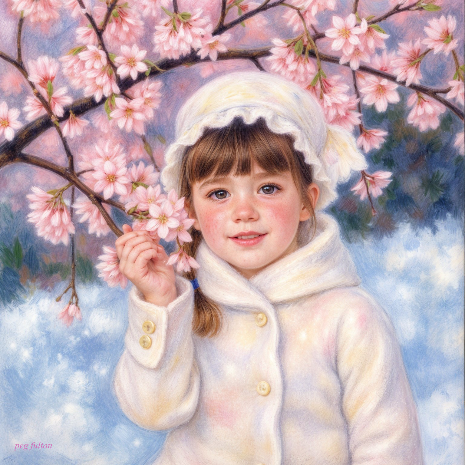Young Girl in White Coat Under Cherry Tree Blossoms