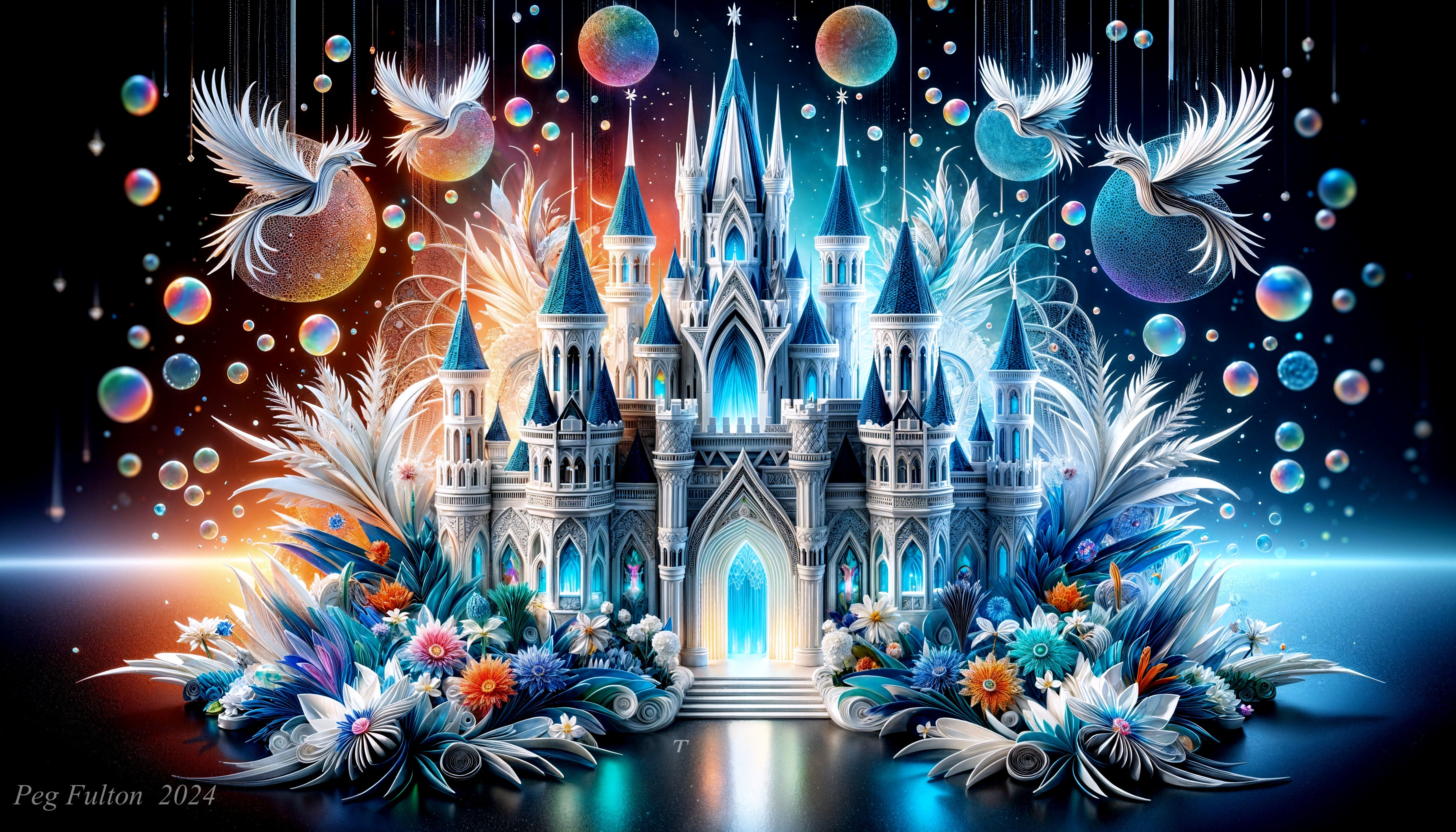 Whimsical Castle Surrounded by Colorful Elements