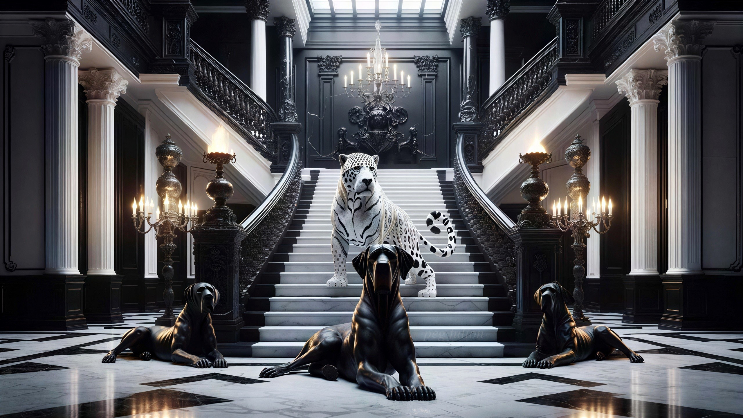 Black and White Digital Painting of Grand Entrance Hall