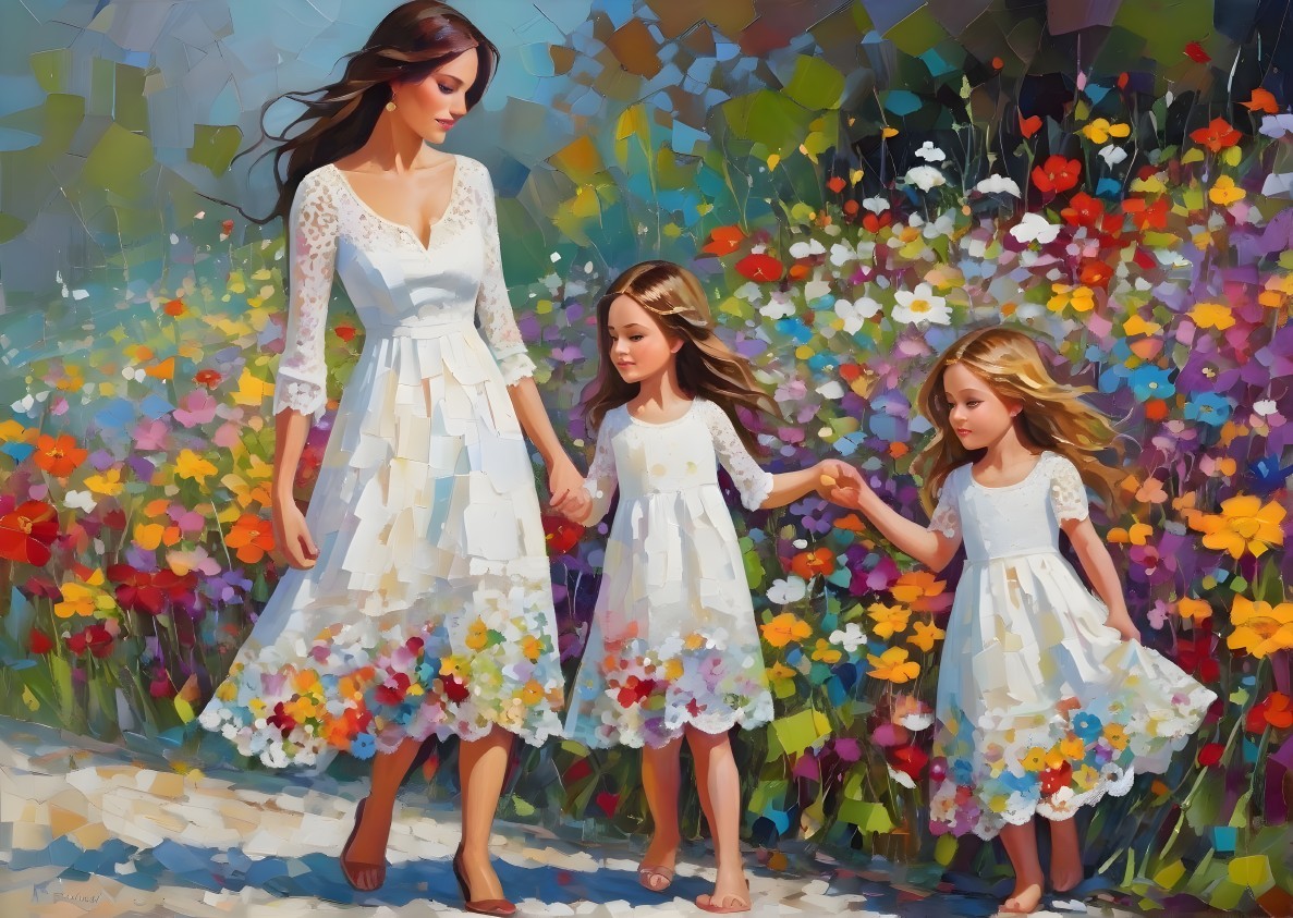 Woman and girls in floral dresses in wildflower field