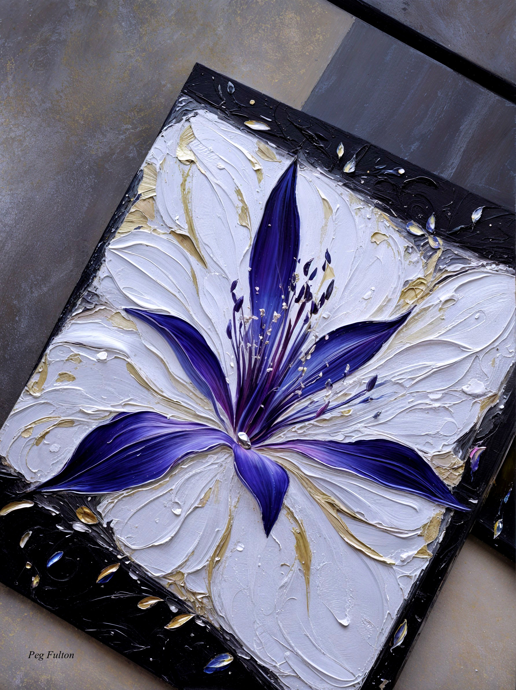 Abstract Floral Painting with Violet Flower and Gold