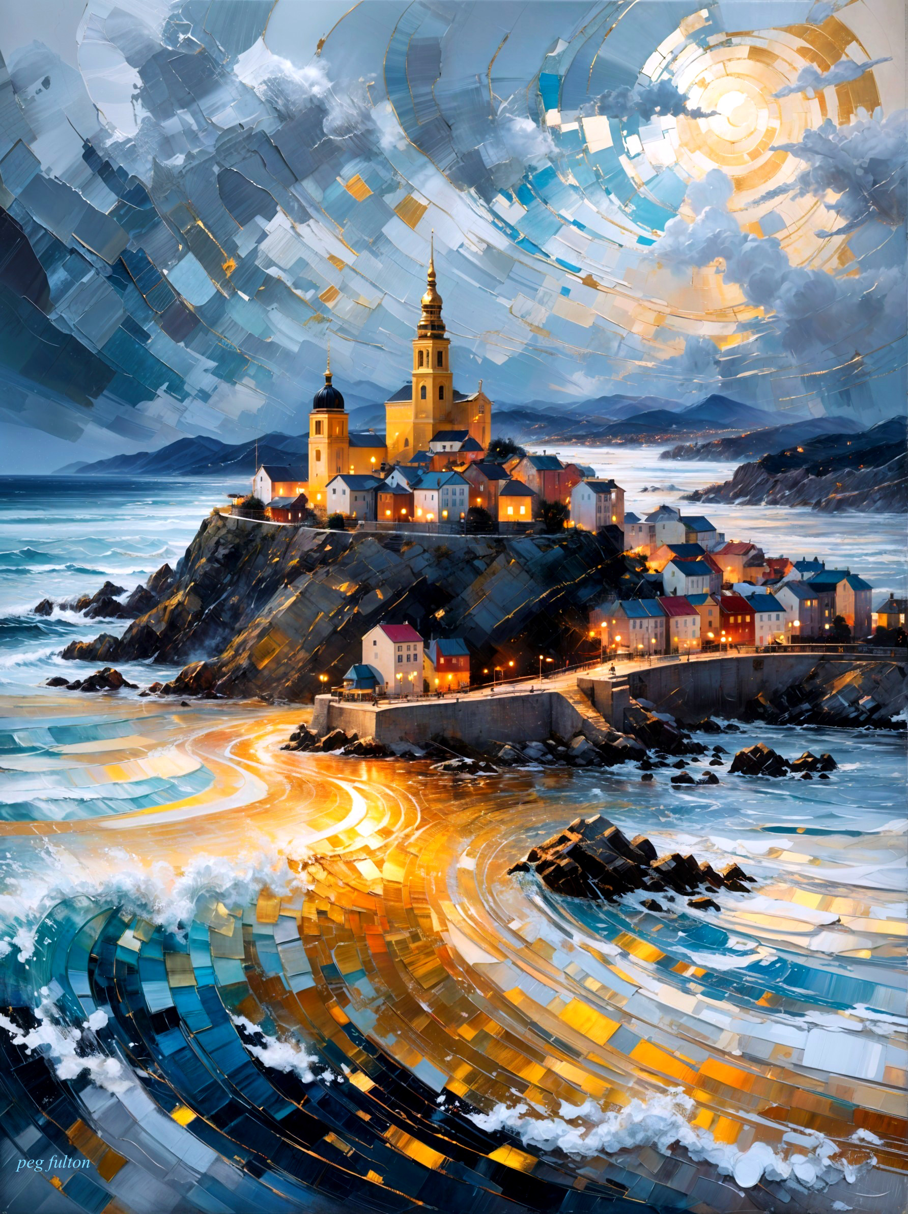 Coastal Village Scene Under Moonlight and Waves